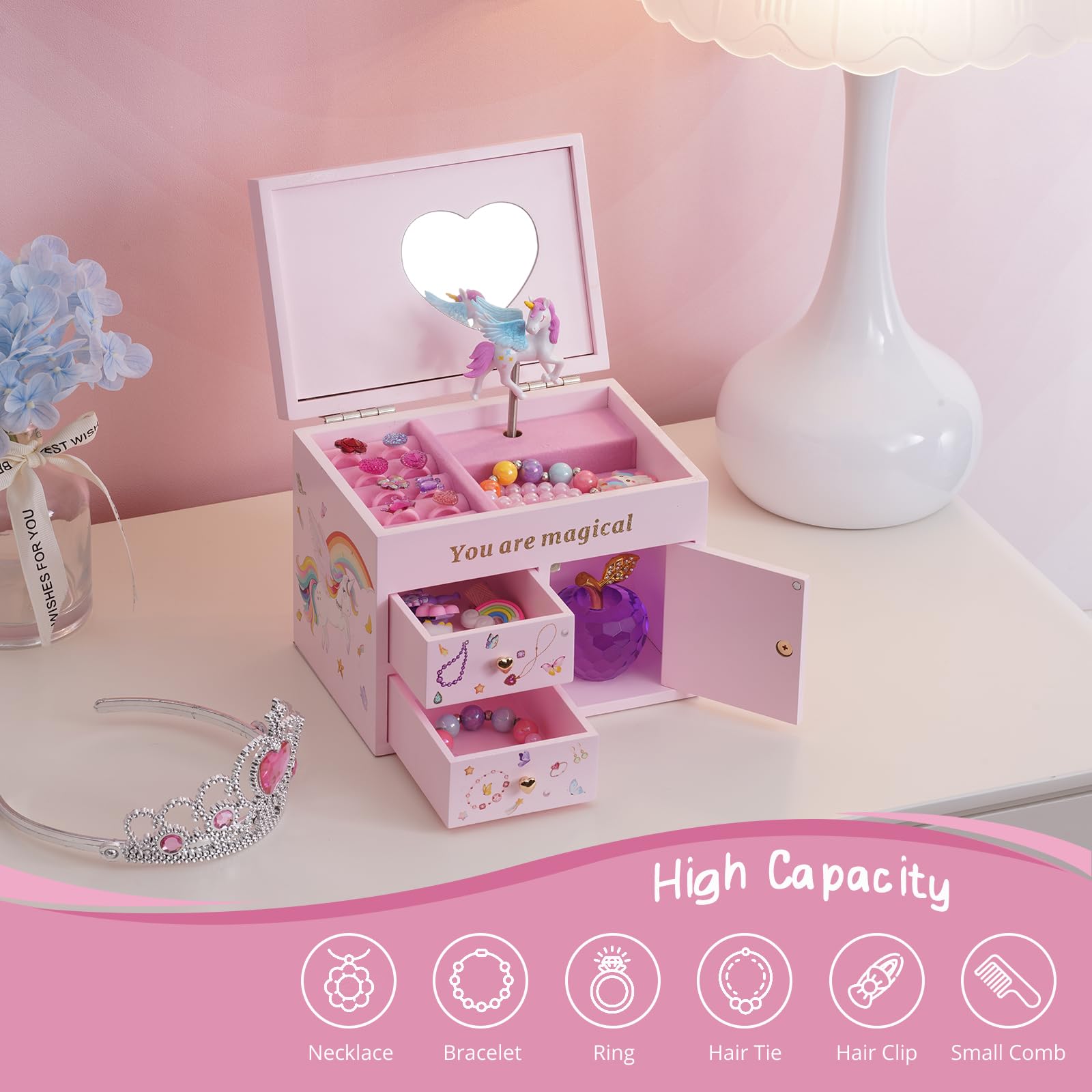 Wooden Musical Jewelry Box with Unicorn for Girls