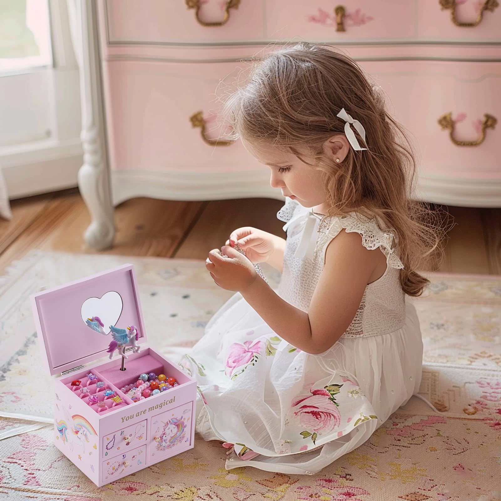 Wooden Musical Jewelry Box with Unicorn for Girls