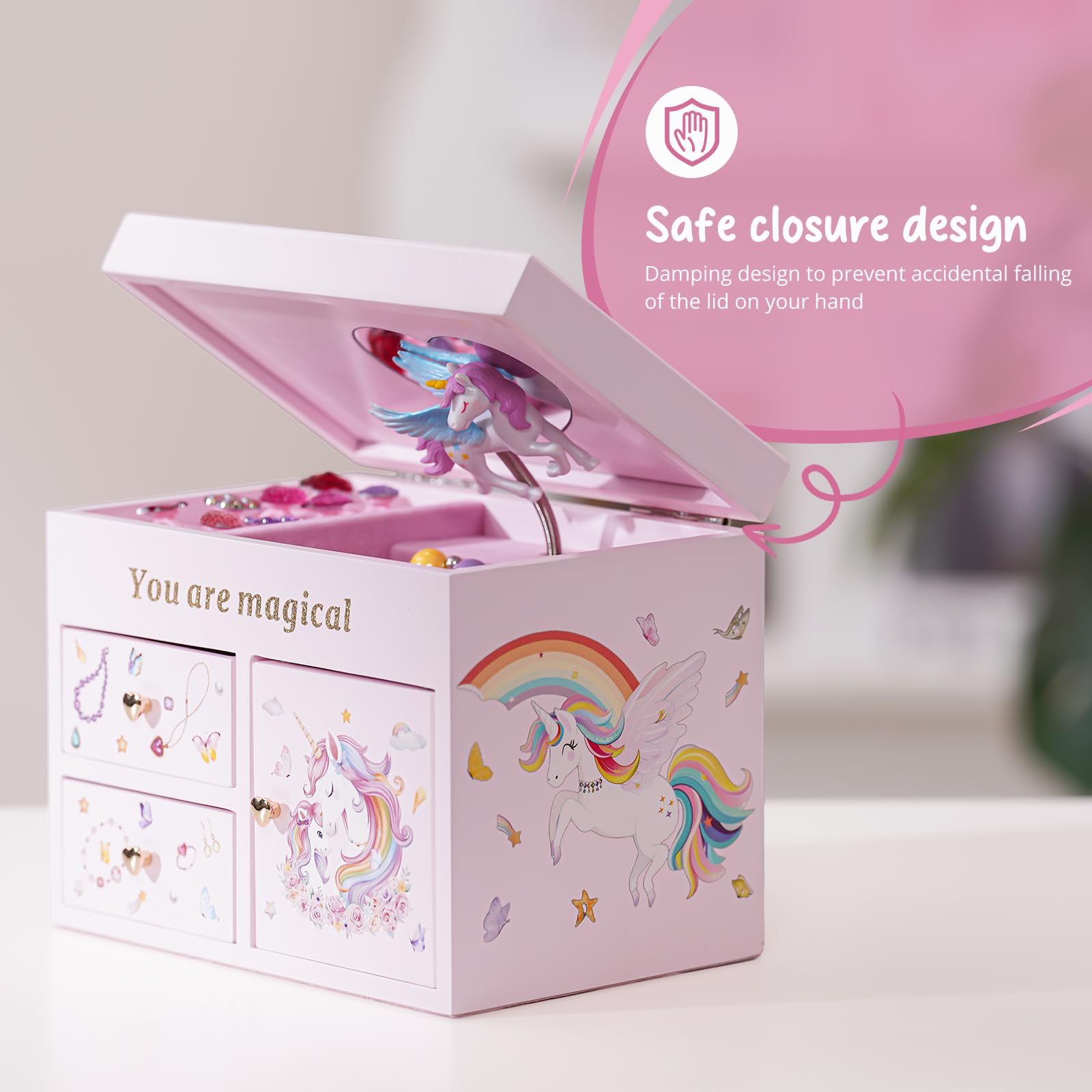 Wooden Musical Jewelry Box with Unicorn for Girls
