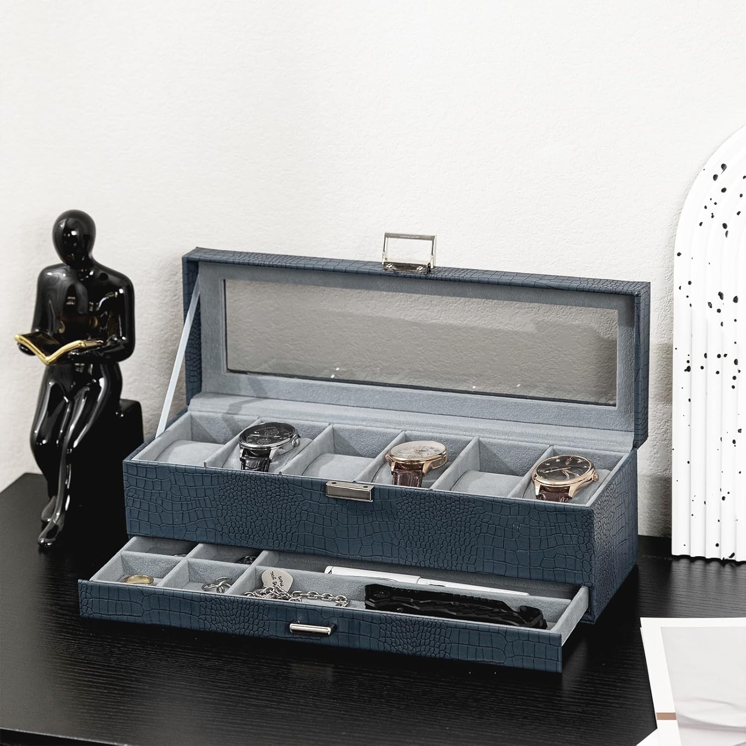 6 Slot 2-Layer Watch Display Case with Drawer