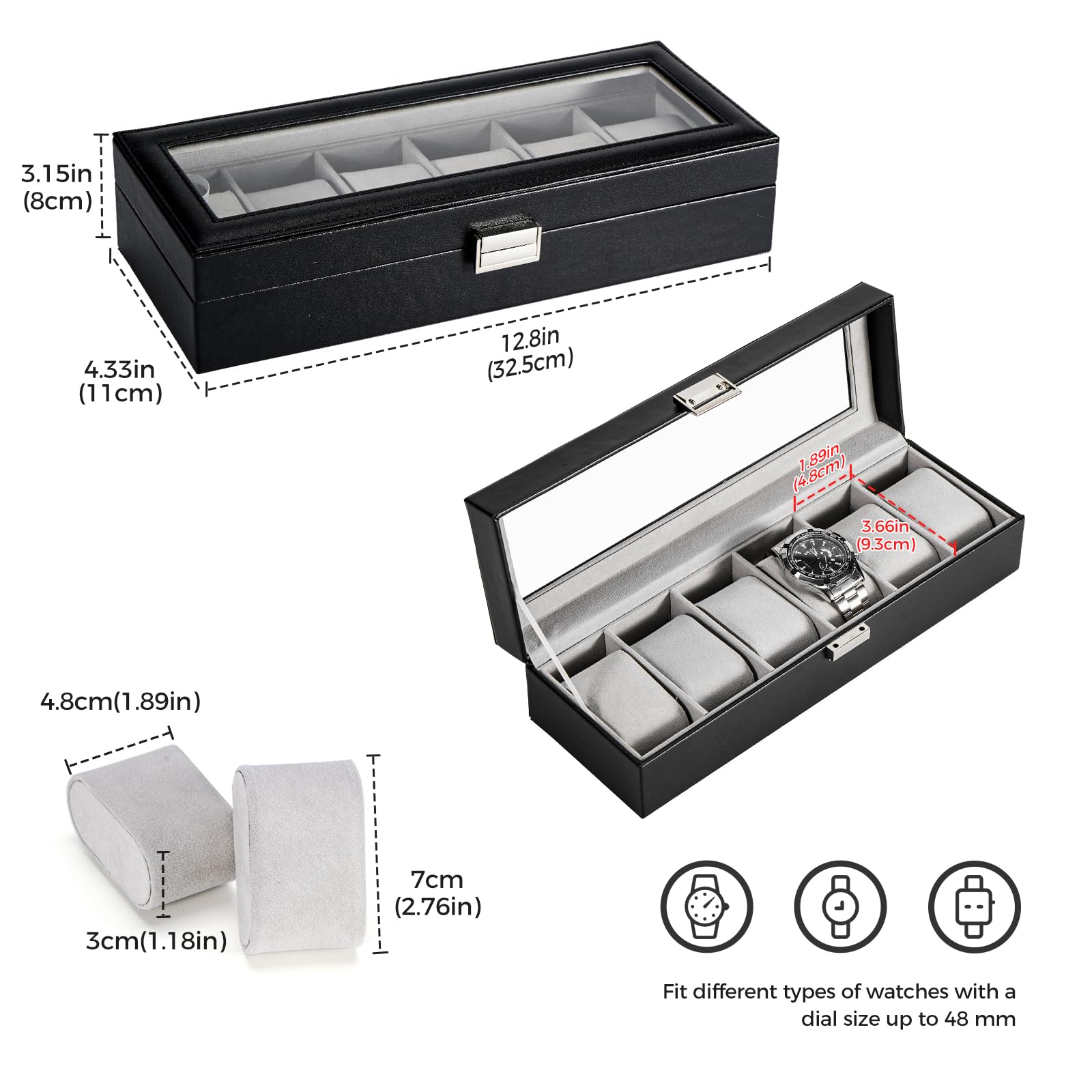6 Slot Watch Display Case with Glass Lid