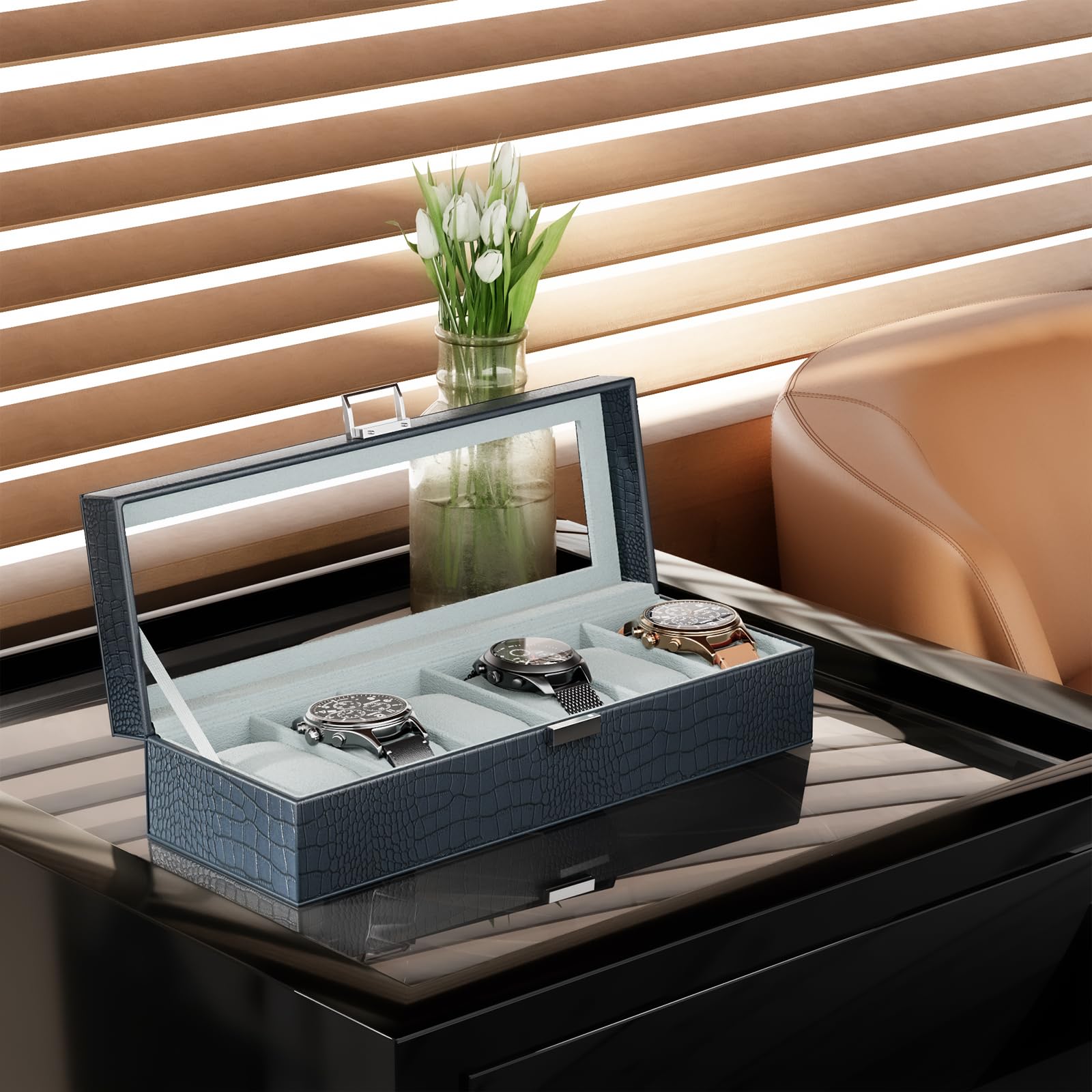 6 Slot Watch Display Case with Glass Lid