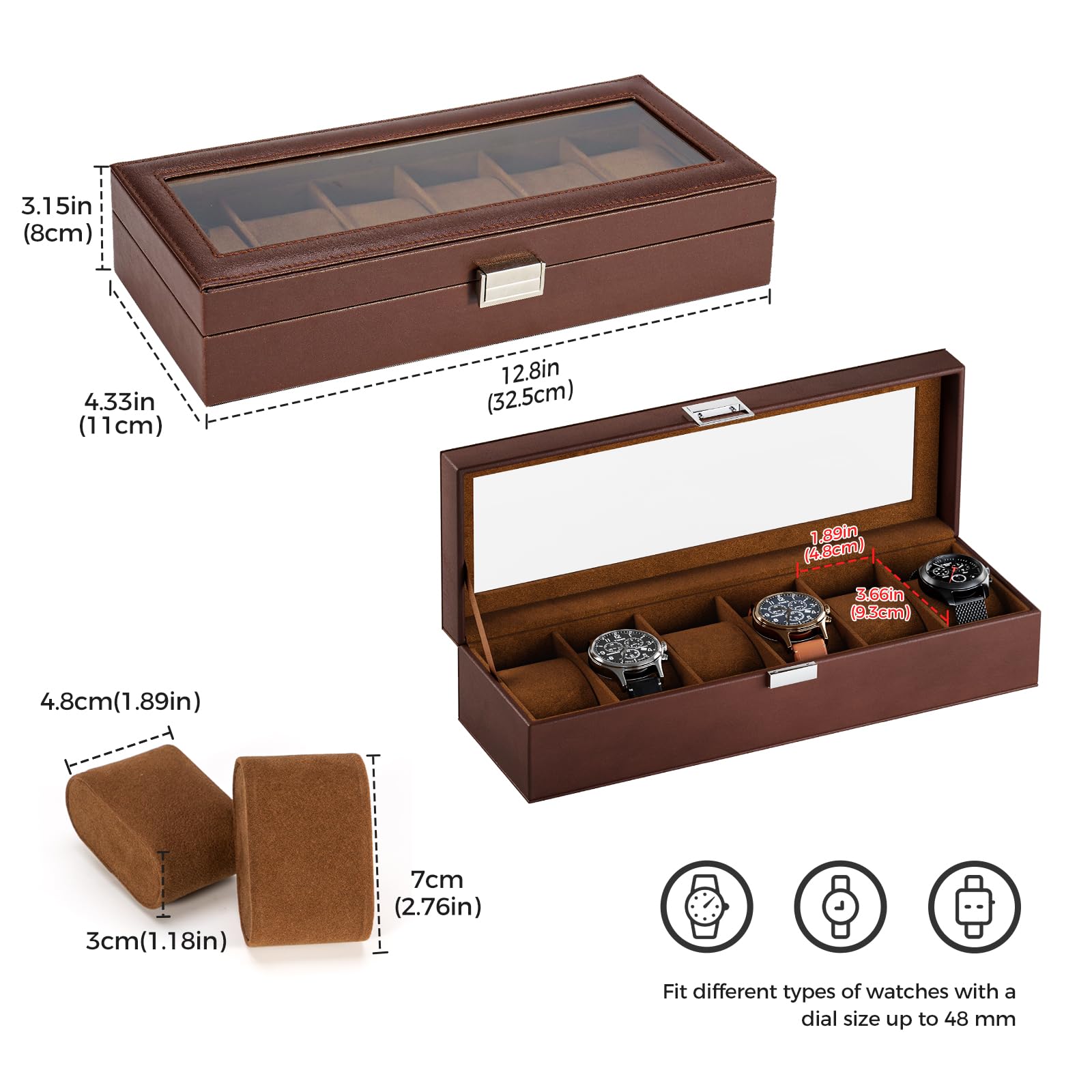 6 Slot Watch Display Case with Glass Lid