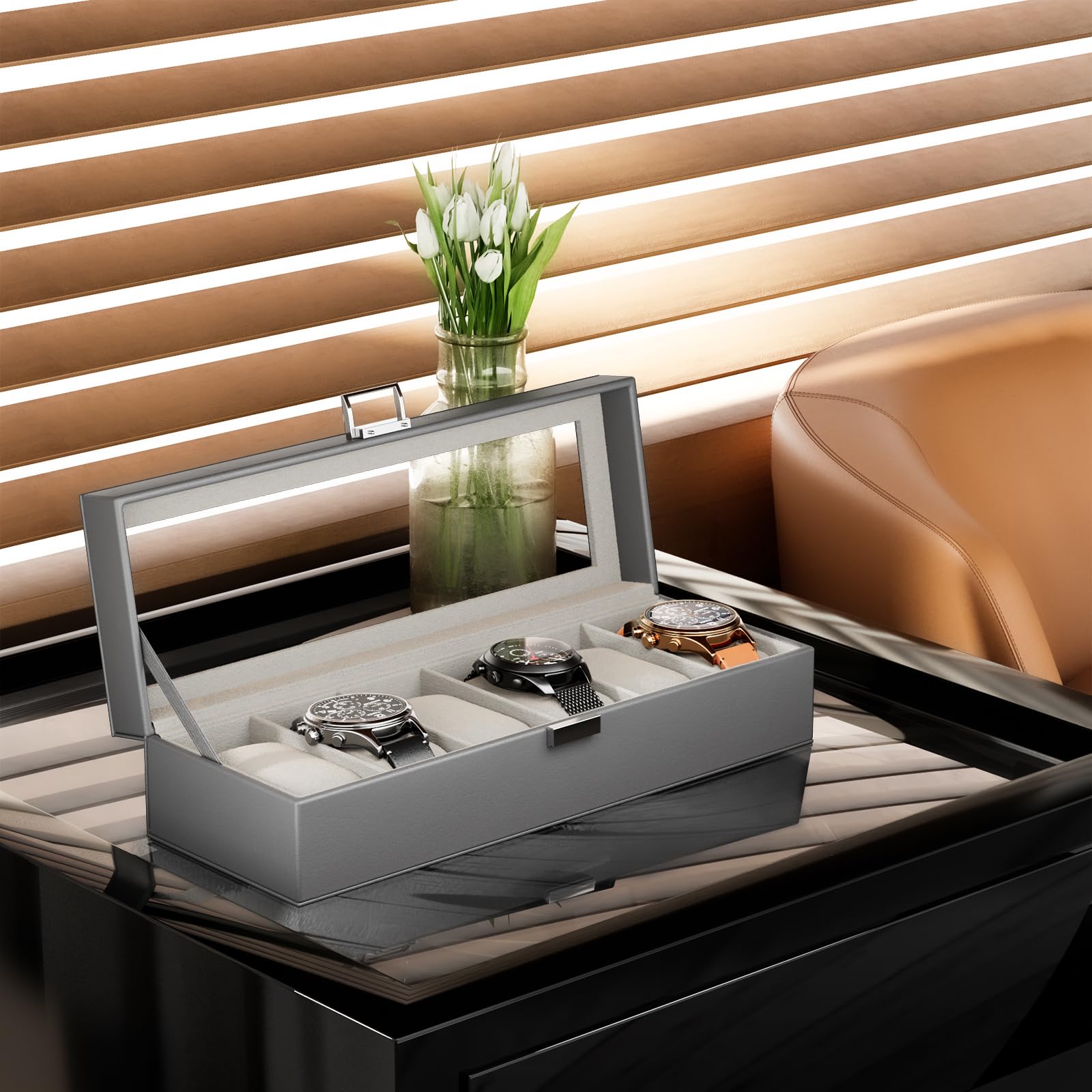 6 Slot Watch Display Case with Glass Lid