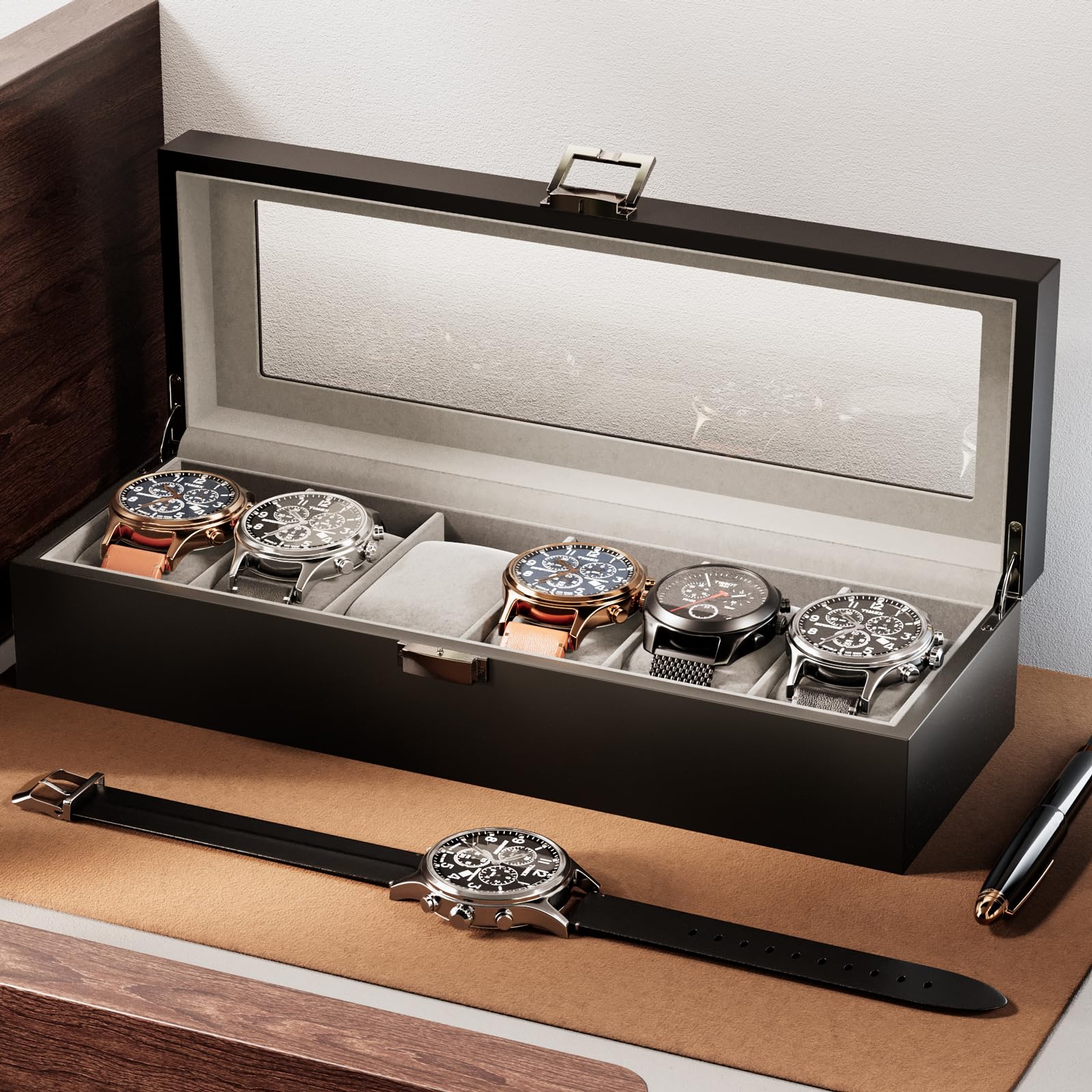 6 Slot Watch Display Case with Glass Lid