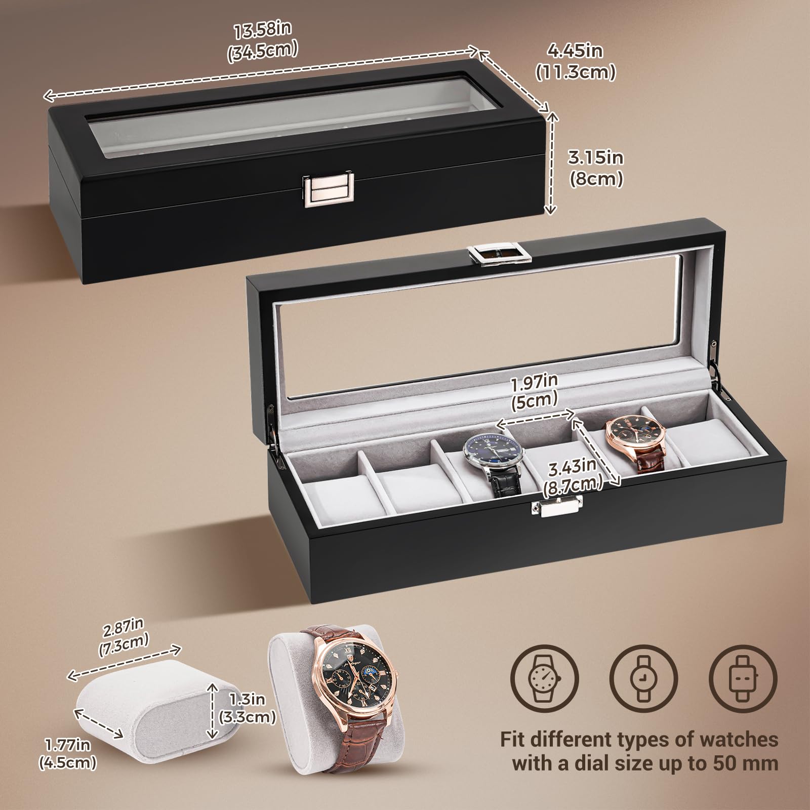 6 Slot Watch Display Case with Glass Lid