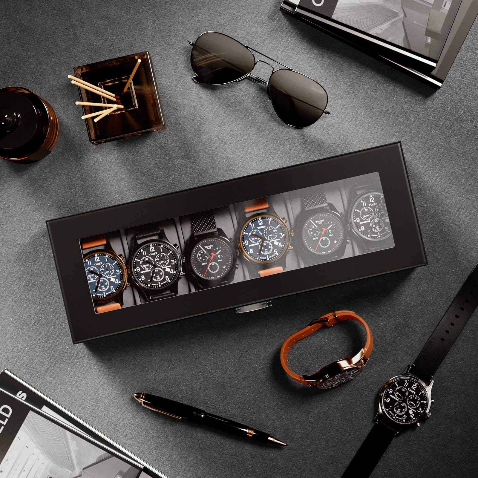 6 Slot Watch Display Case with Glass Lid