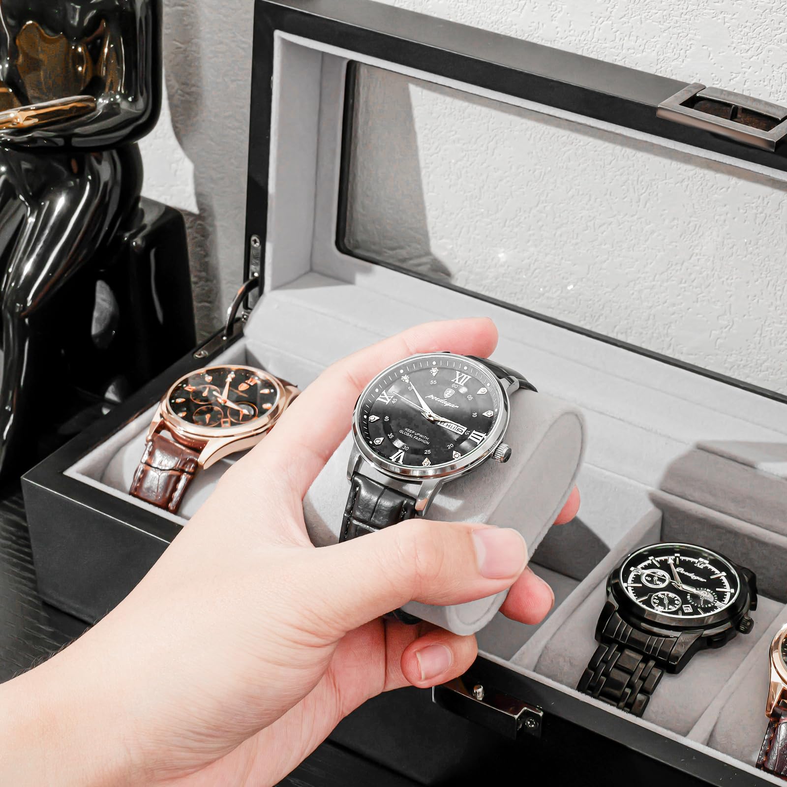 6 Slot Watch Display Case with Glass Lid