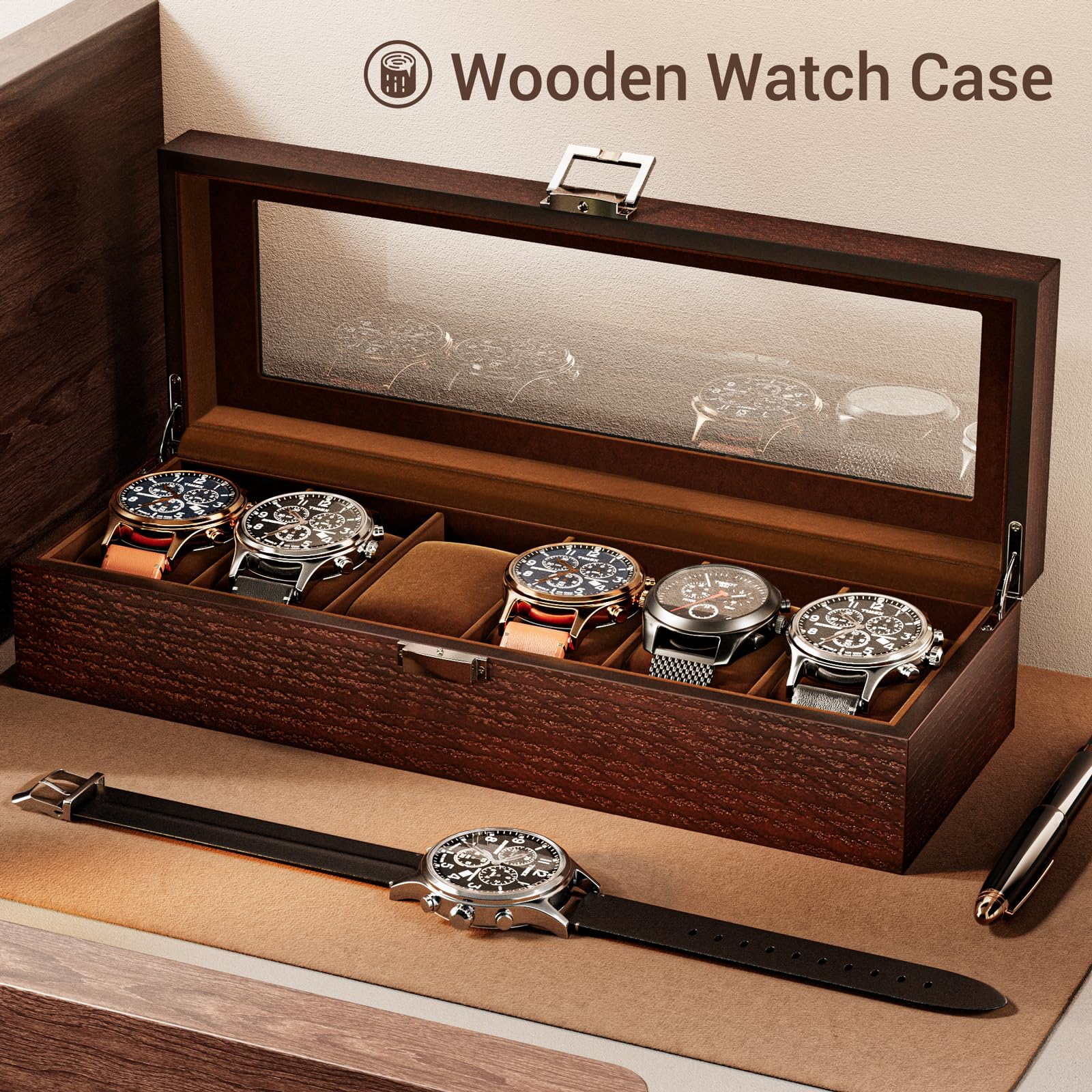 6 Slot Watch Display Case with Glass Lid