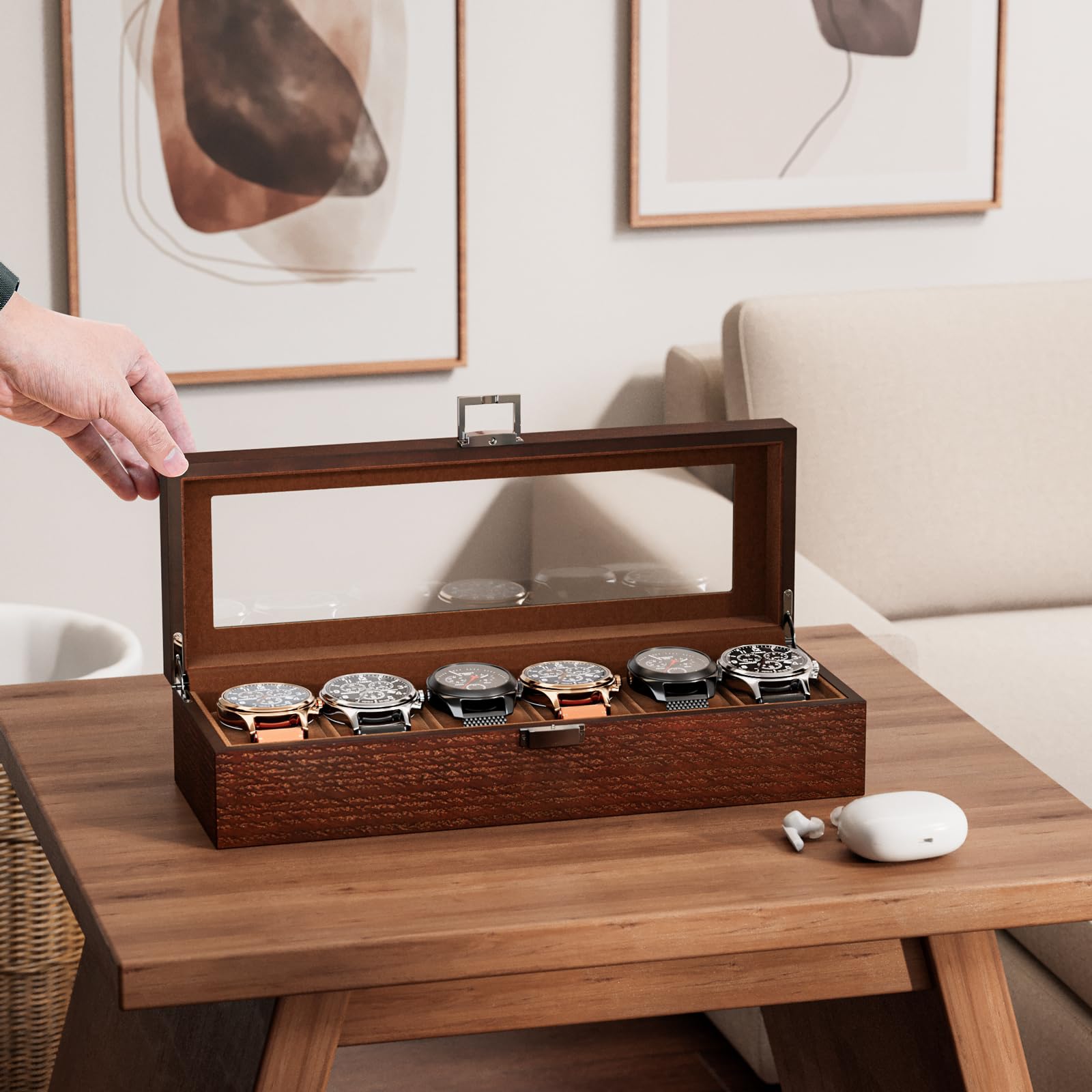 6 Slot Watch Display Case with Glass Lid