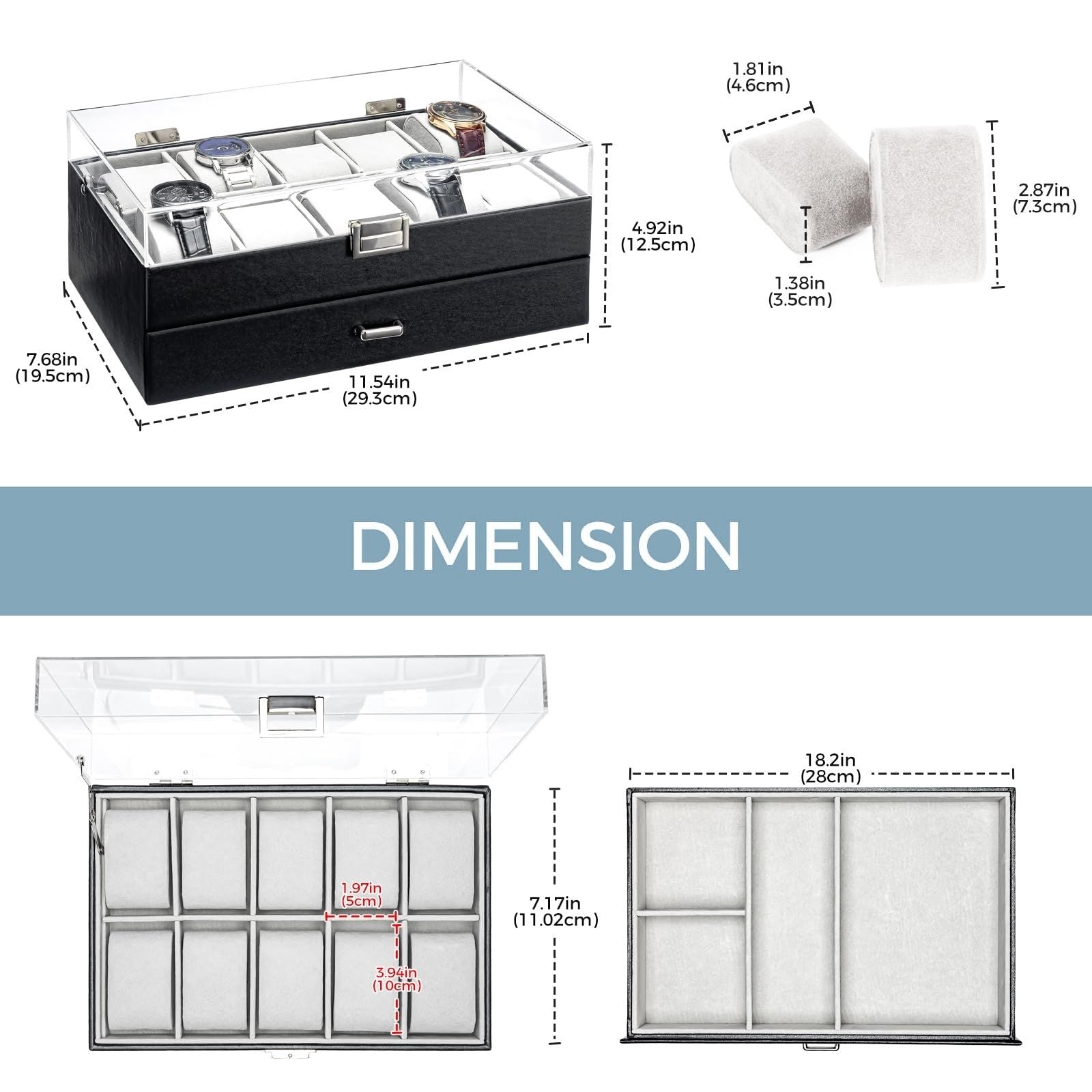 2-Layer 6 Slot Watch Display Case With Clear Acrylic Lid & Drawer
