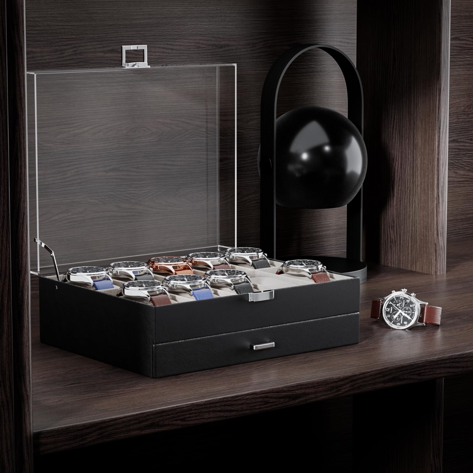 2-Layer 6 Slot Watch Display Case With Clear Acrylic Lid & Drawer