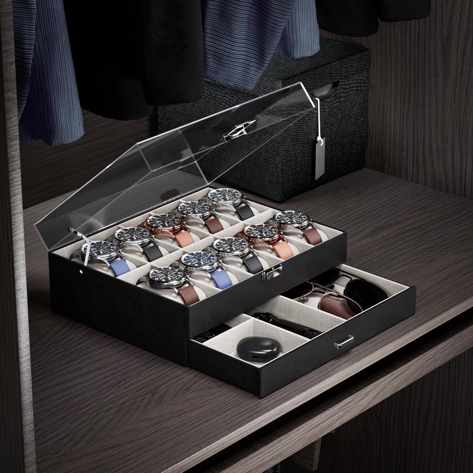 2-Layer 6 Slot Watch Display Case With Clear Acrylic Lid & Drawer