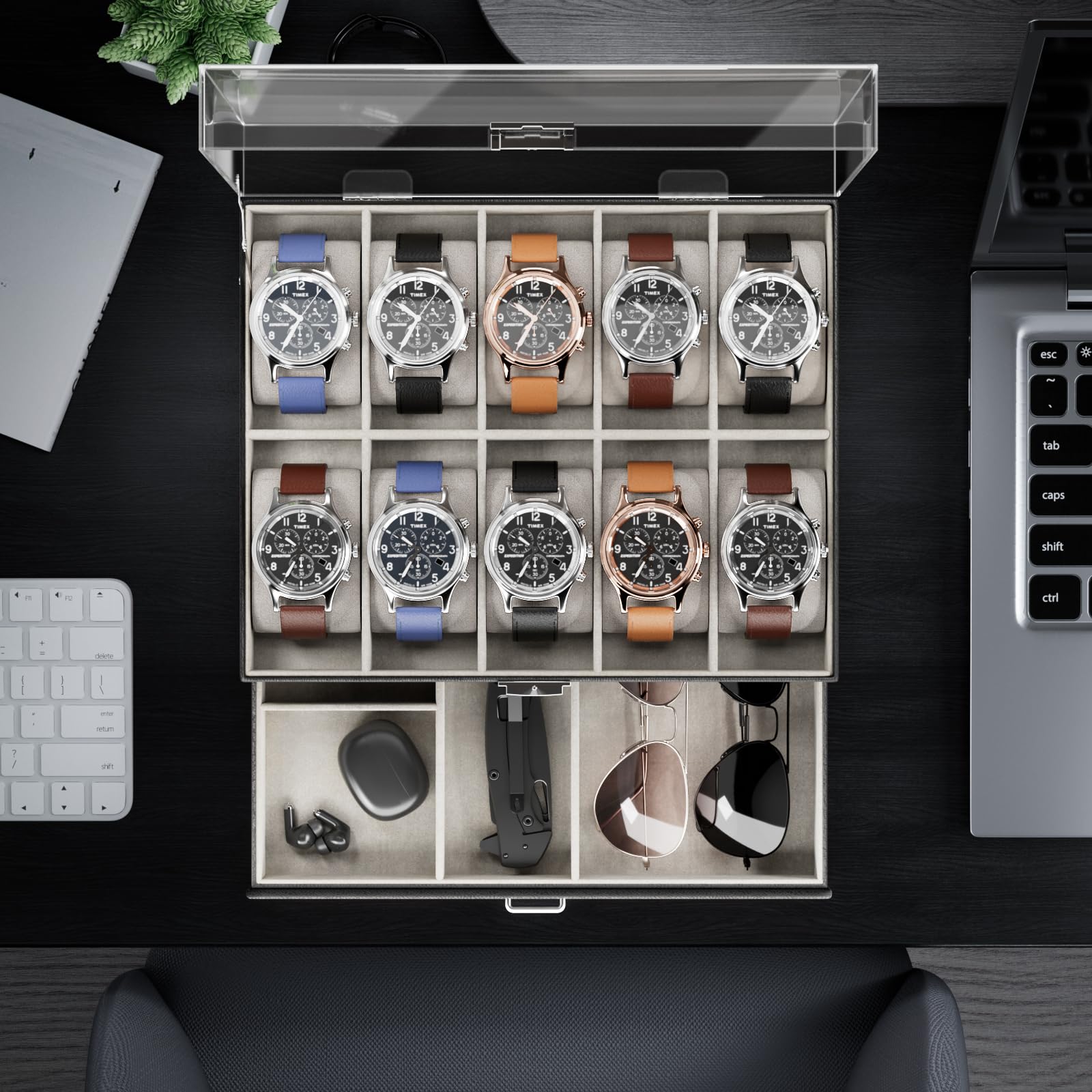2-Layer 6 Slot Watch Display Case With Clear Acrylic Lid & Drawer