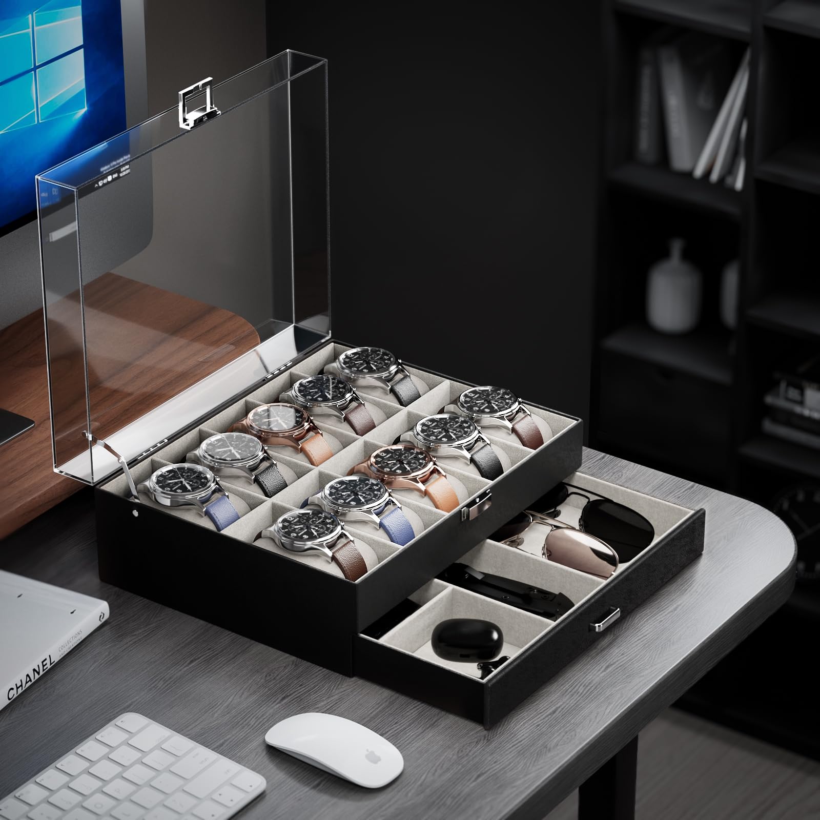 2-Layer 6 Slot Watch Display Case With Clear Acrylic Lid & Drawer