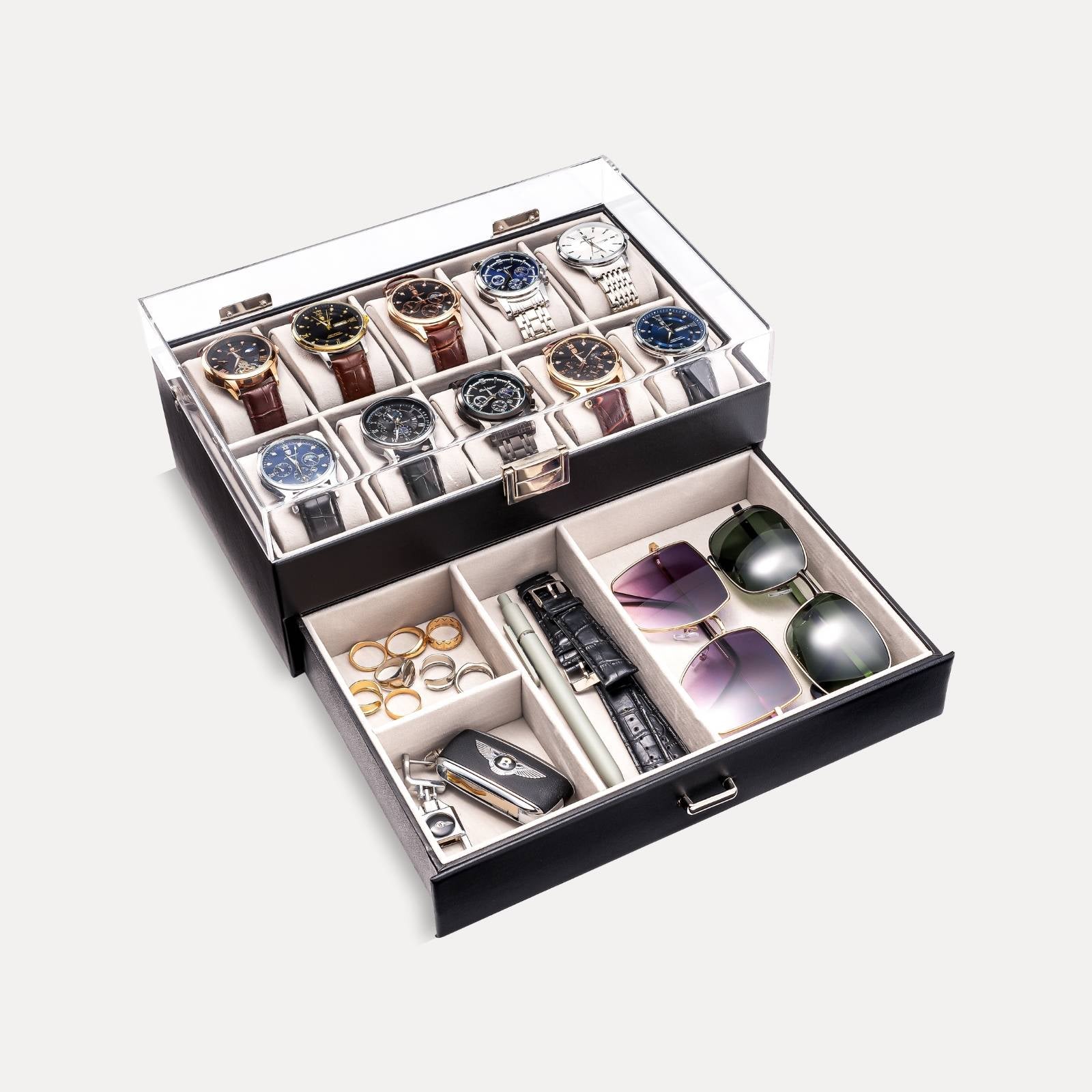 2-Layer 6 Slot Watch Display Case With Clear Acrylic Lid & Drawer