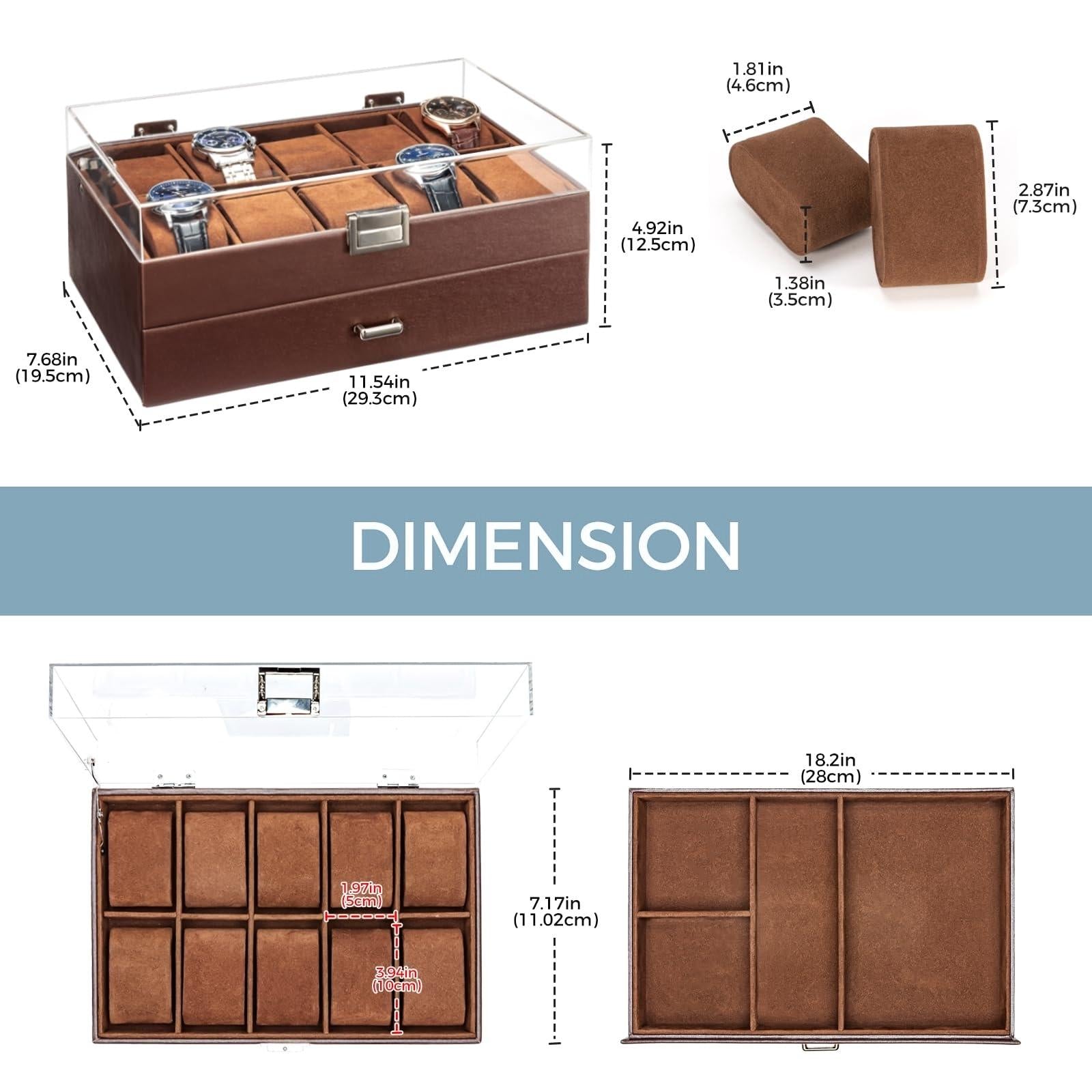 2-Layer 6 Slot Watch Display Case With Clear Acrylic Lid & Drawer