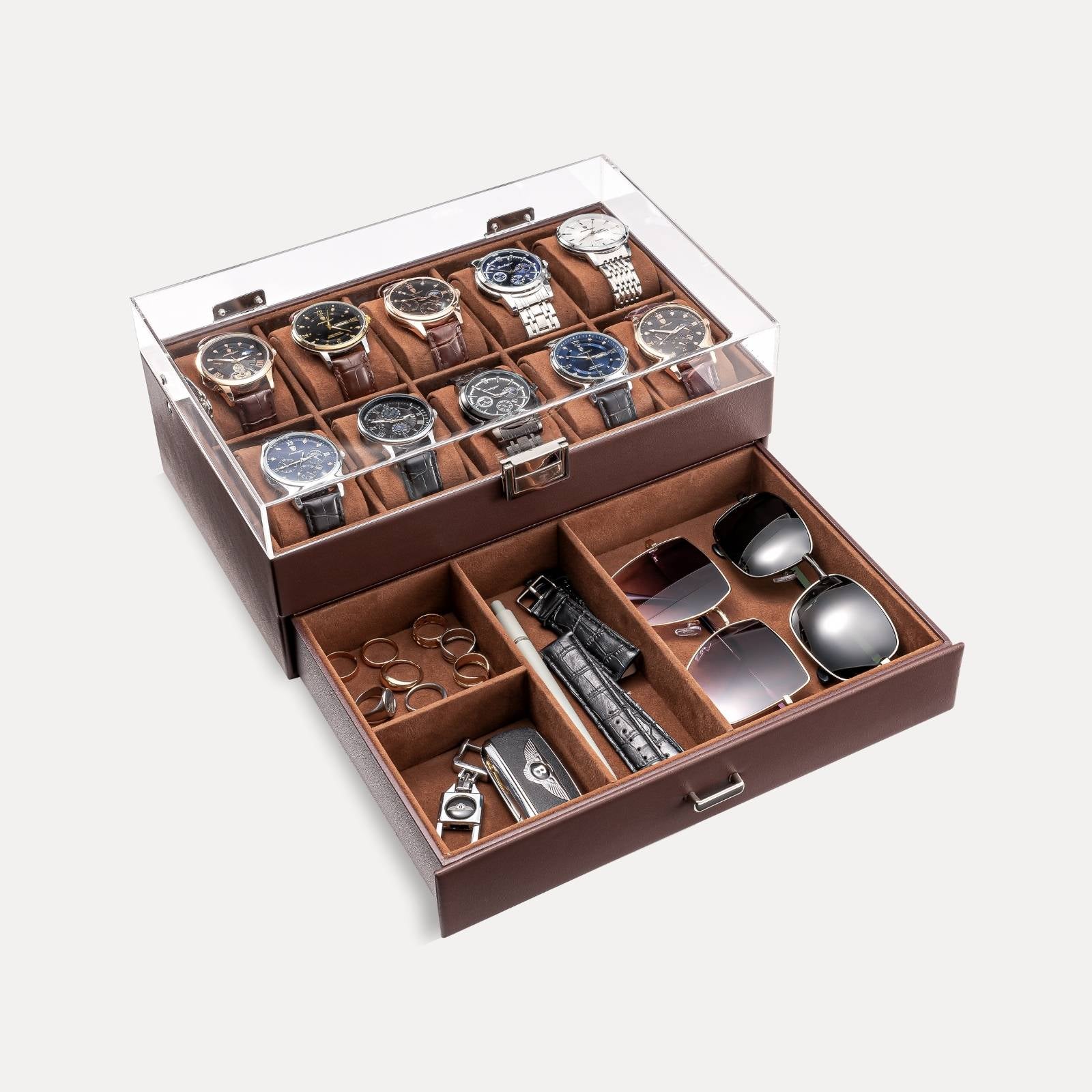 2-Layer 6 Slot Watch Display Case With Clear Acrylic Lid & Drawer
