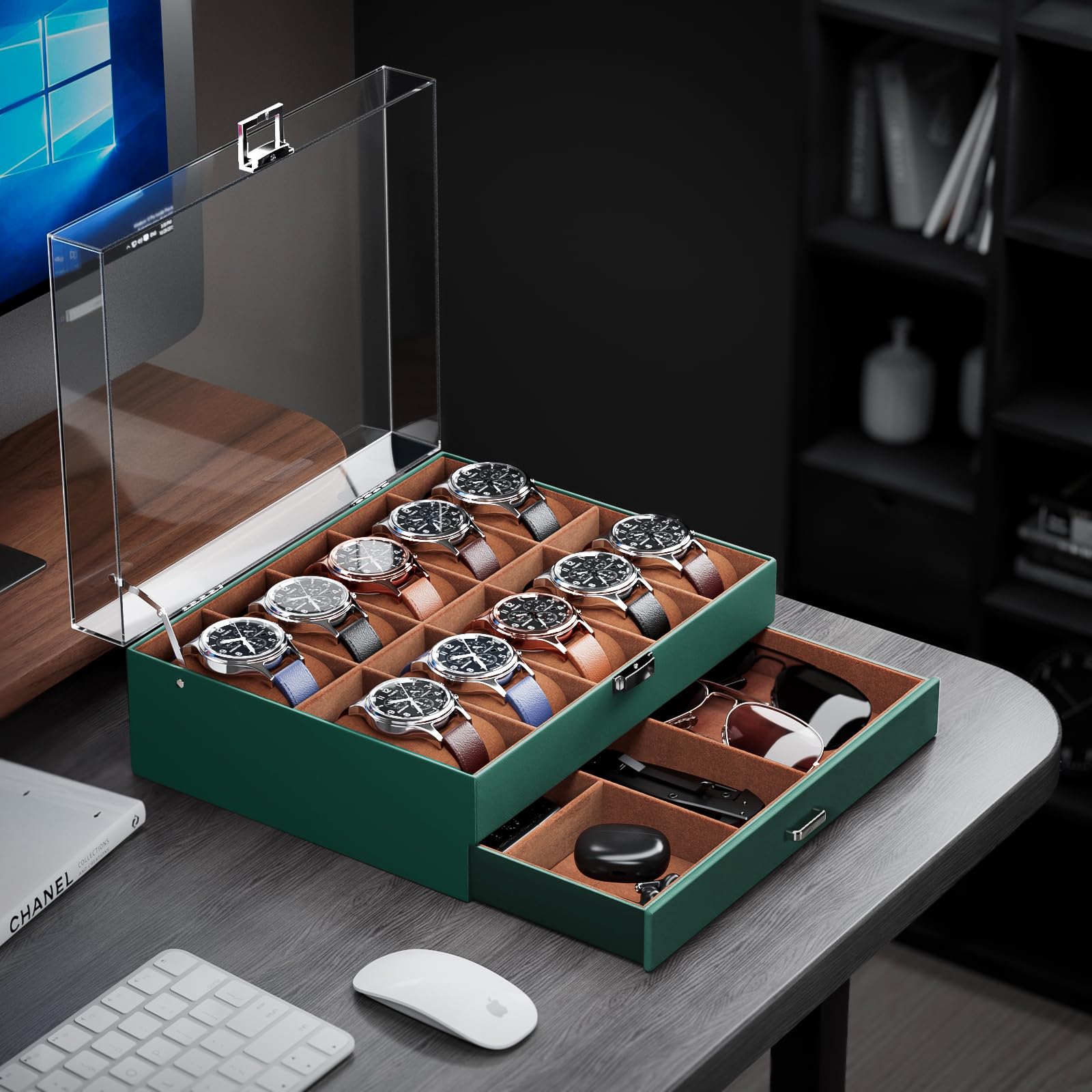 2-Layer 6 Slot Watch Display Case With Clear Acrylic Lid & Drawer