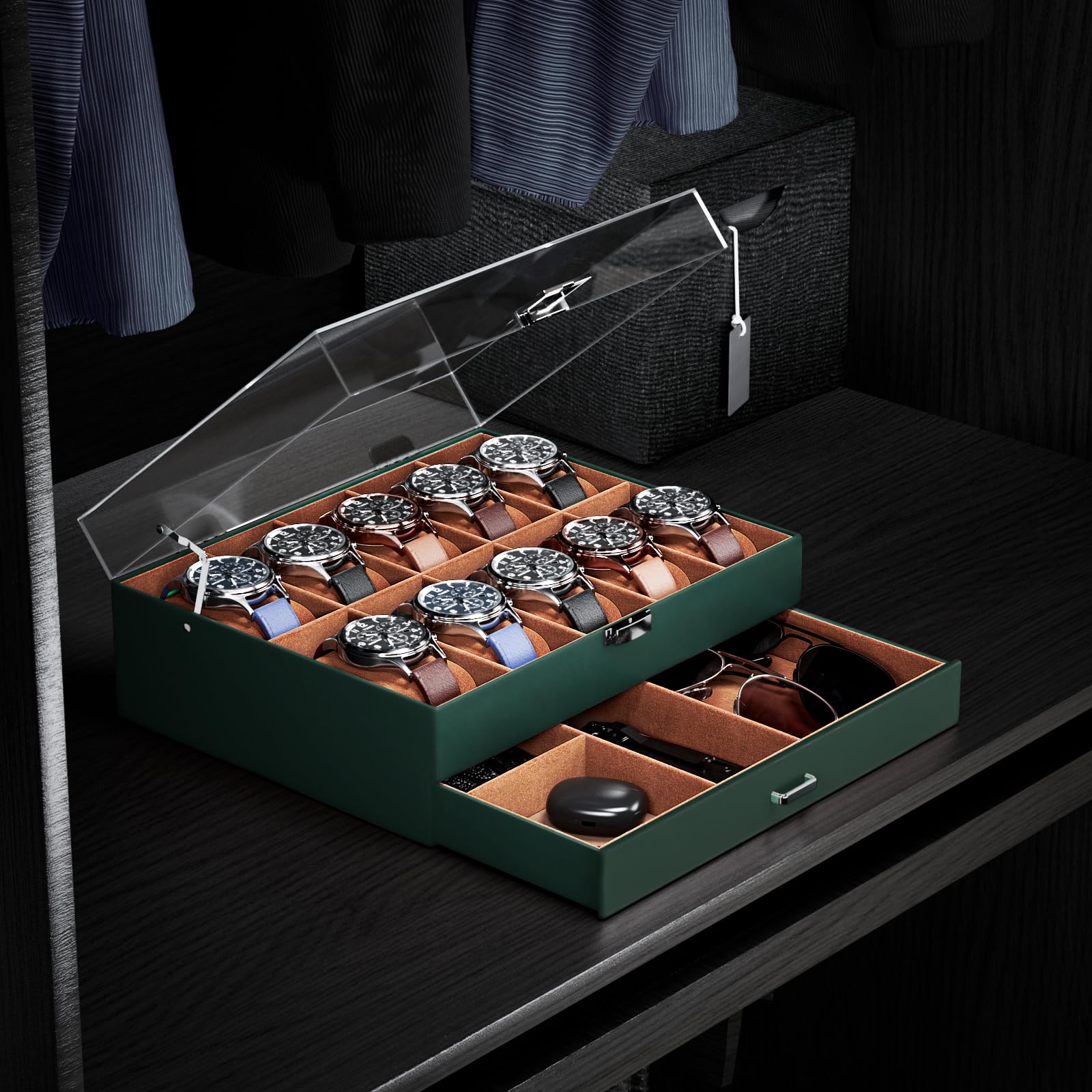 2-Layer 6 Slot Watch Display Case With Clear Acrylic Lid & Drawer