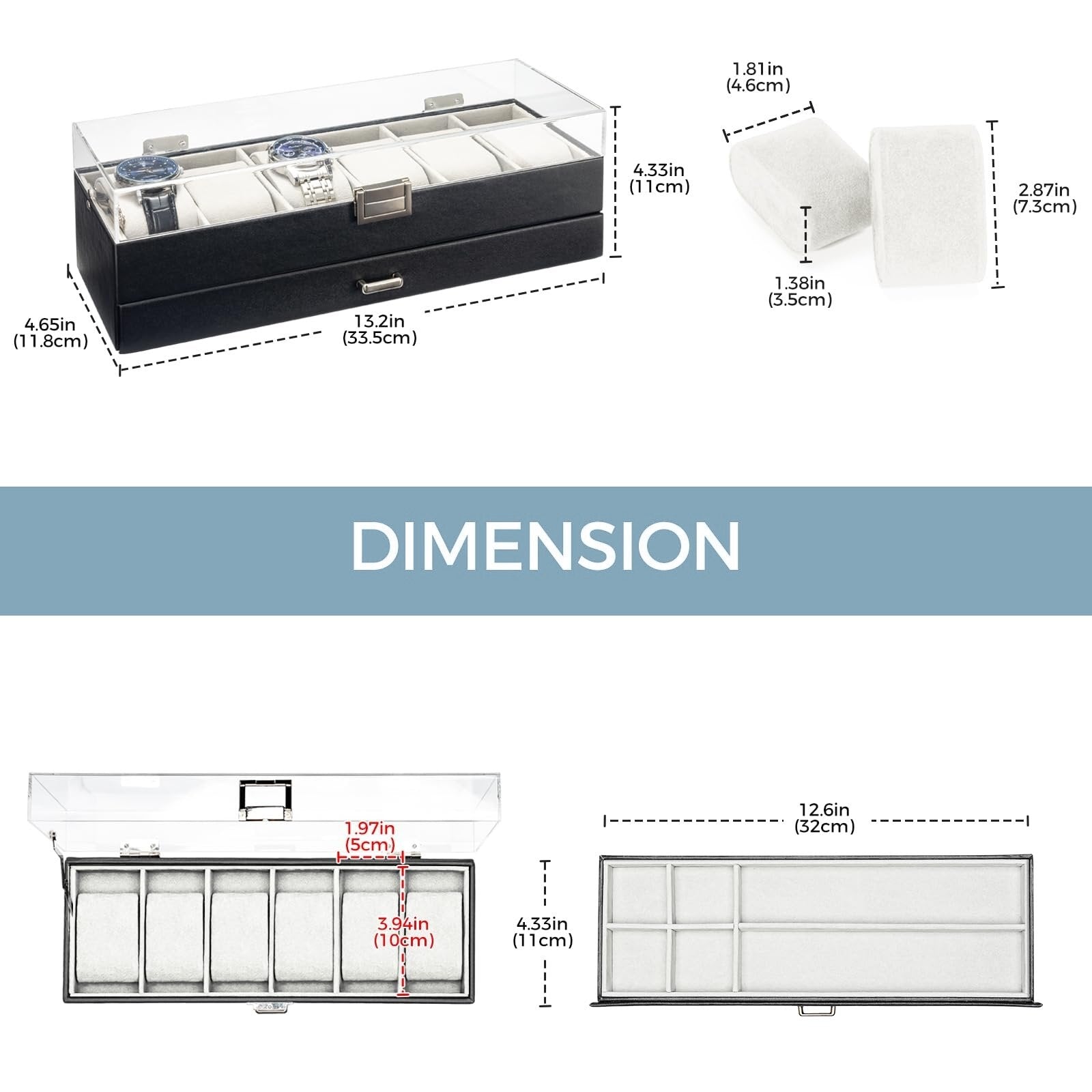 2-Layer 6 Slot Watch Display Case With Clear Acrylic Lid & Drawer