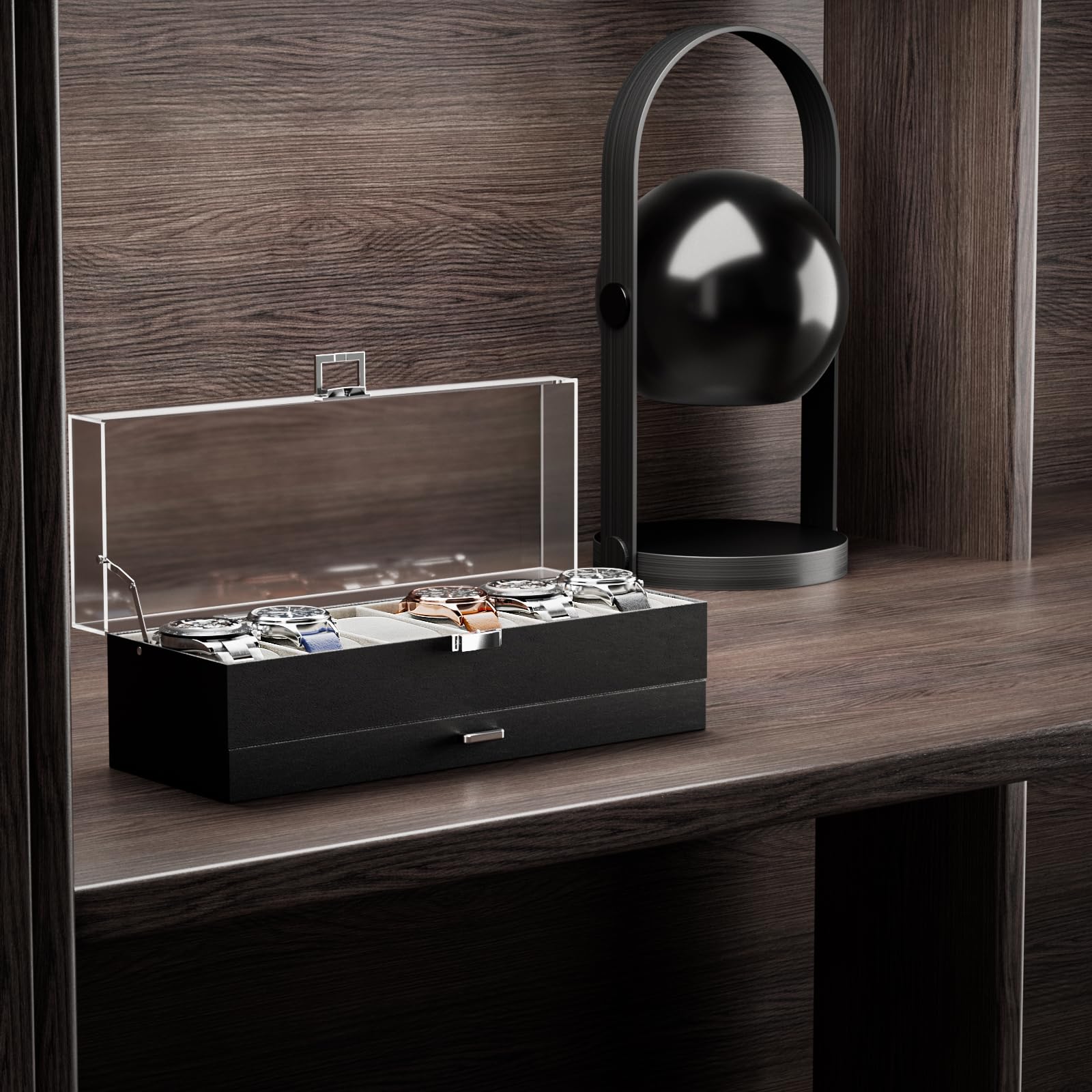 2-Layer 6 Slot Watch Display Case With Clear Acrylic Lid & Drawer