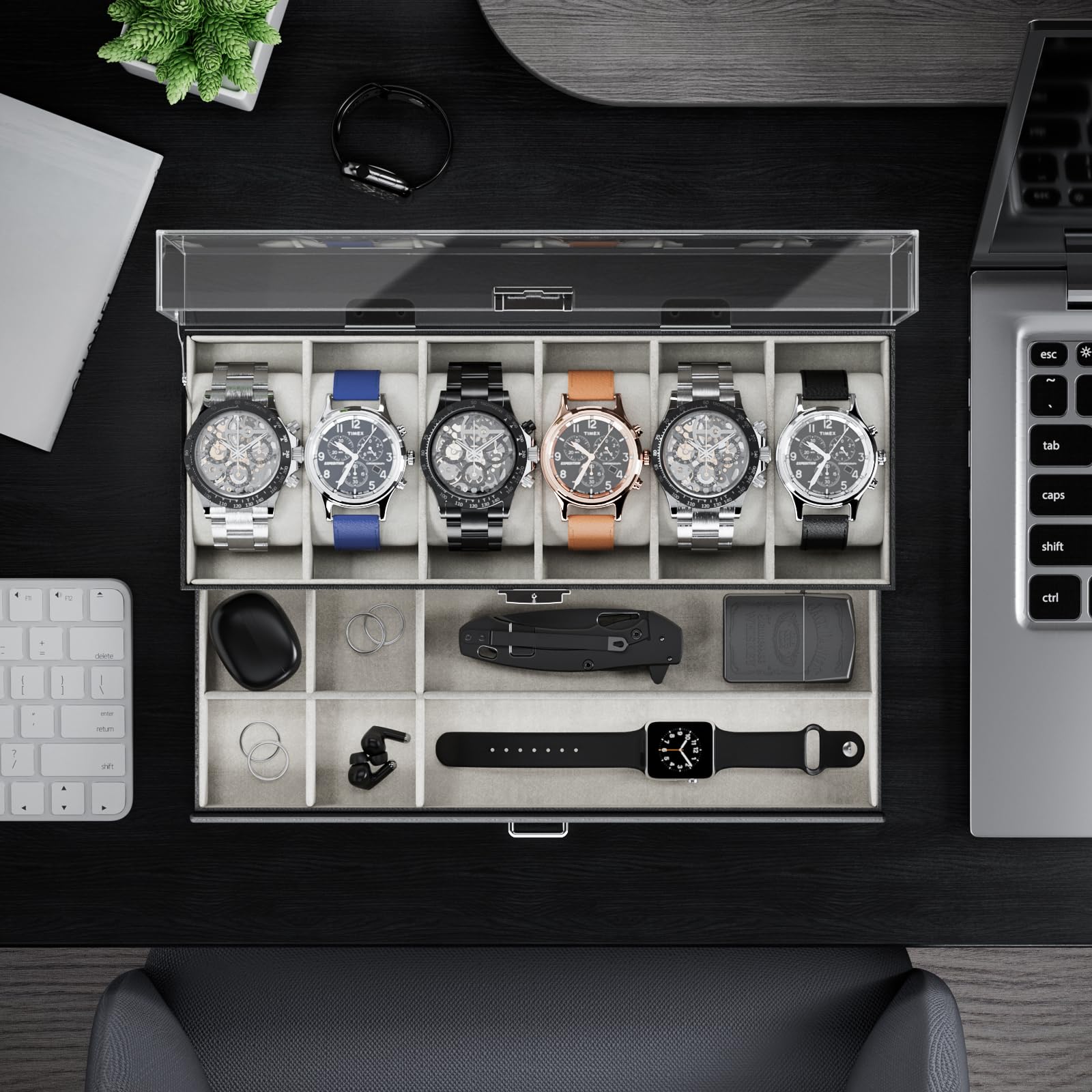 2-Layer 6 Slot Watch Display Case With Clear Acrylic Lid & Drawer