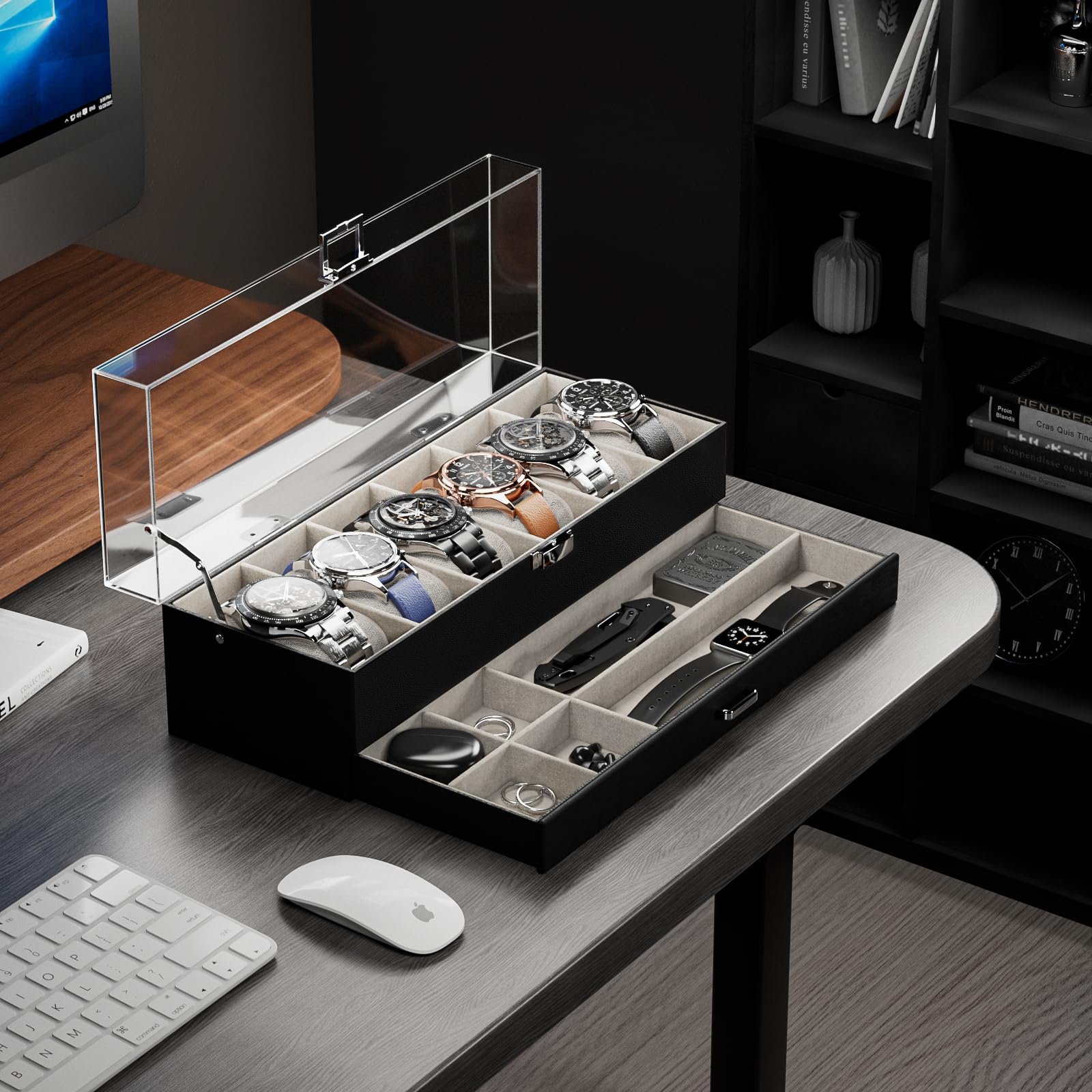 2-Layer 6 Slot Watch Display Case With Clear Acrylic Lid & Drawer