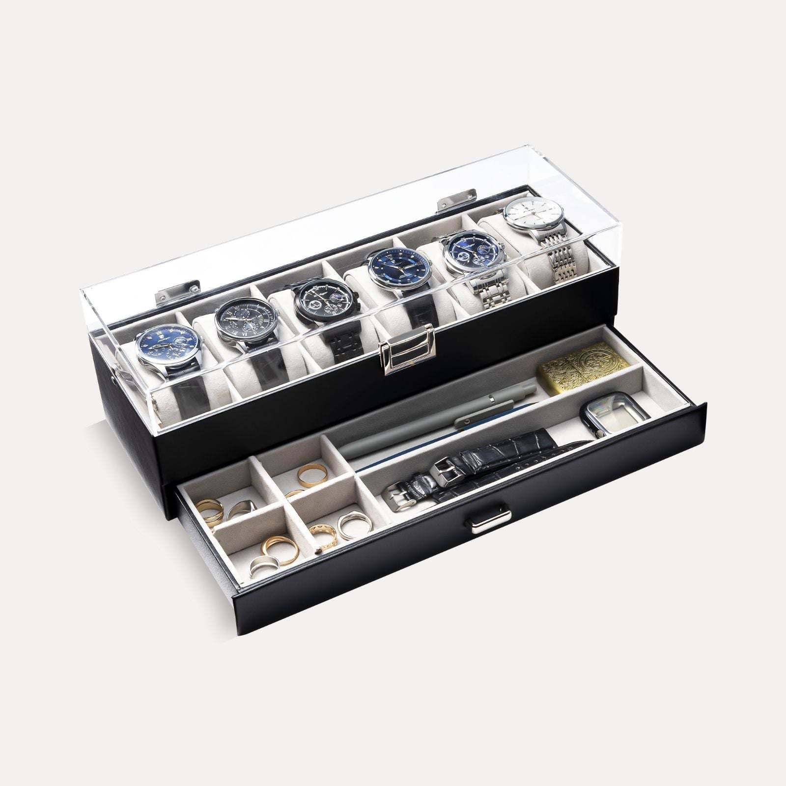 2-Layer 6 Slot Watch Display Case With Clear Acrylic Lid & Drawer