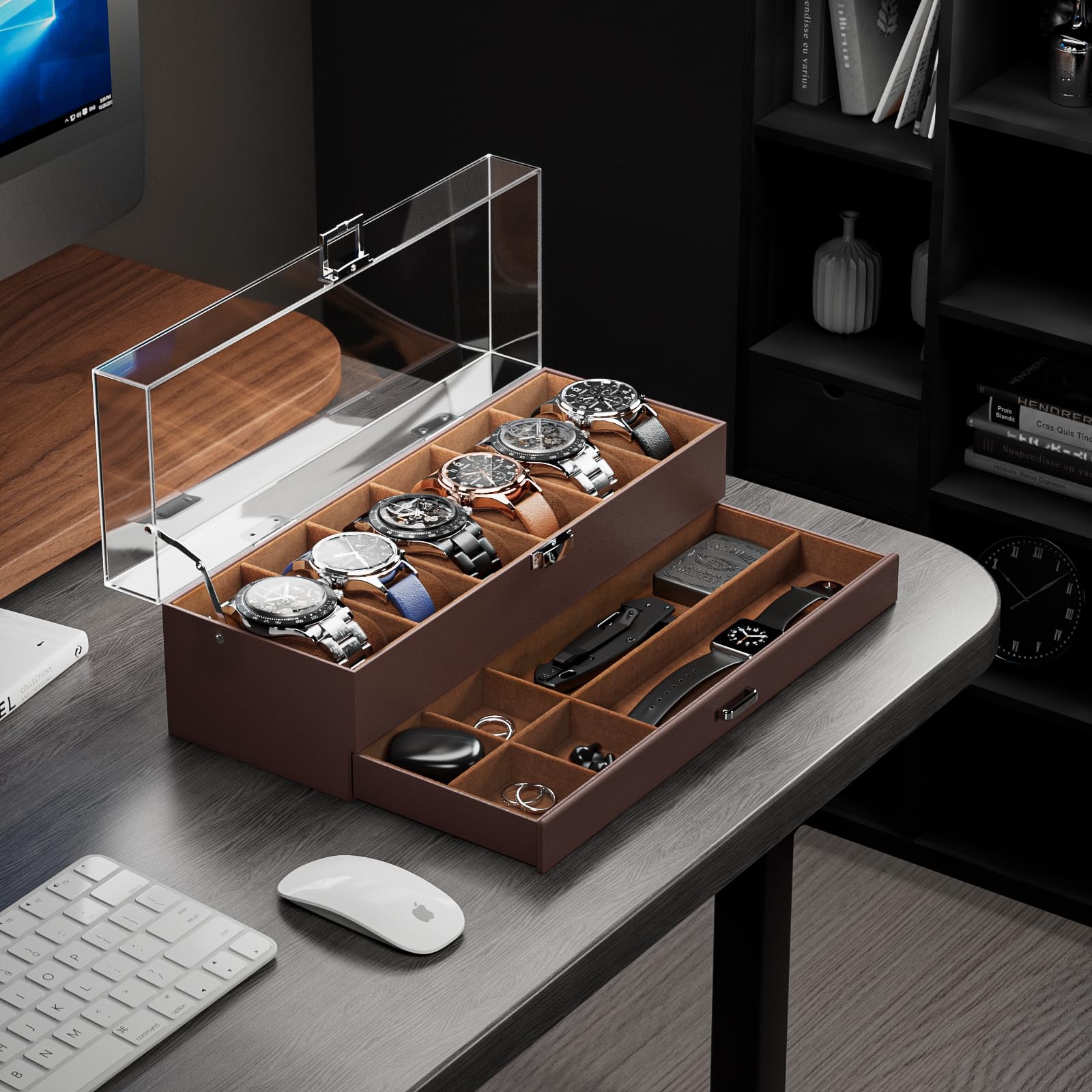2-Layer 6 Slot Watch Display Case With Clear Acrylic Lid & Drawer