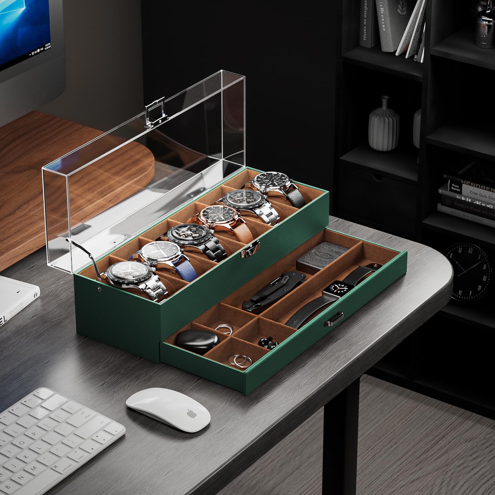 2-Layer 6 Slot Watch Display Case With Clear Acrylic Lid & Drawer
