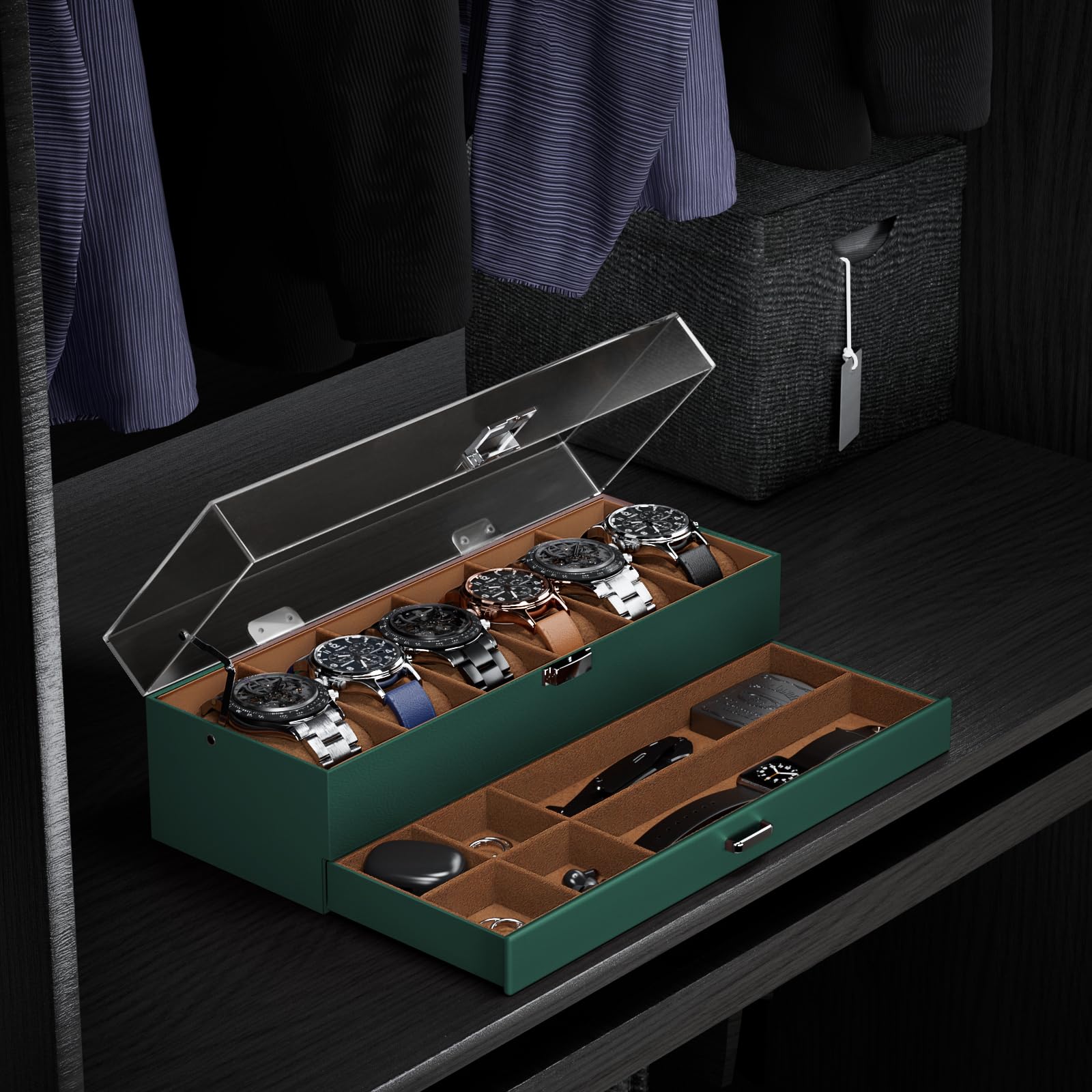 2-Layer 6 Slot Watch Display Case With Clear Acrylic Lid & Drawer
