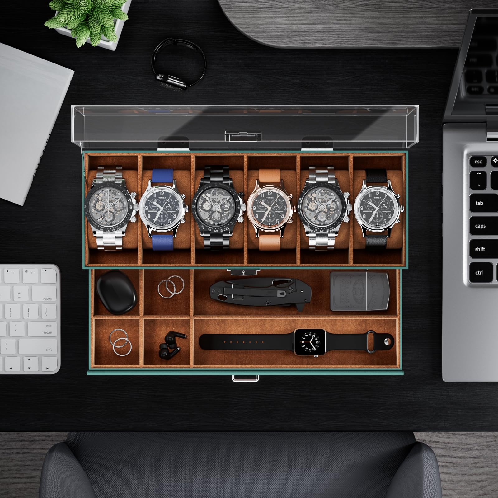 2-Layer 6 Slot Watch Display Case With Clear Acrylic Lid & Drawer
