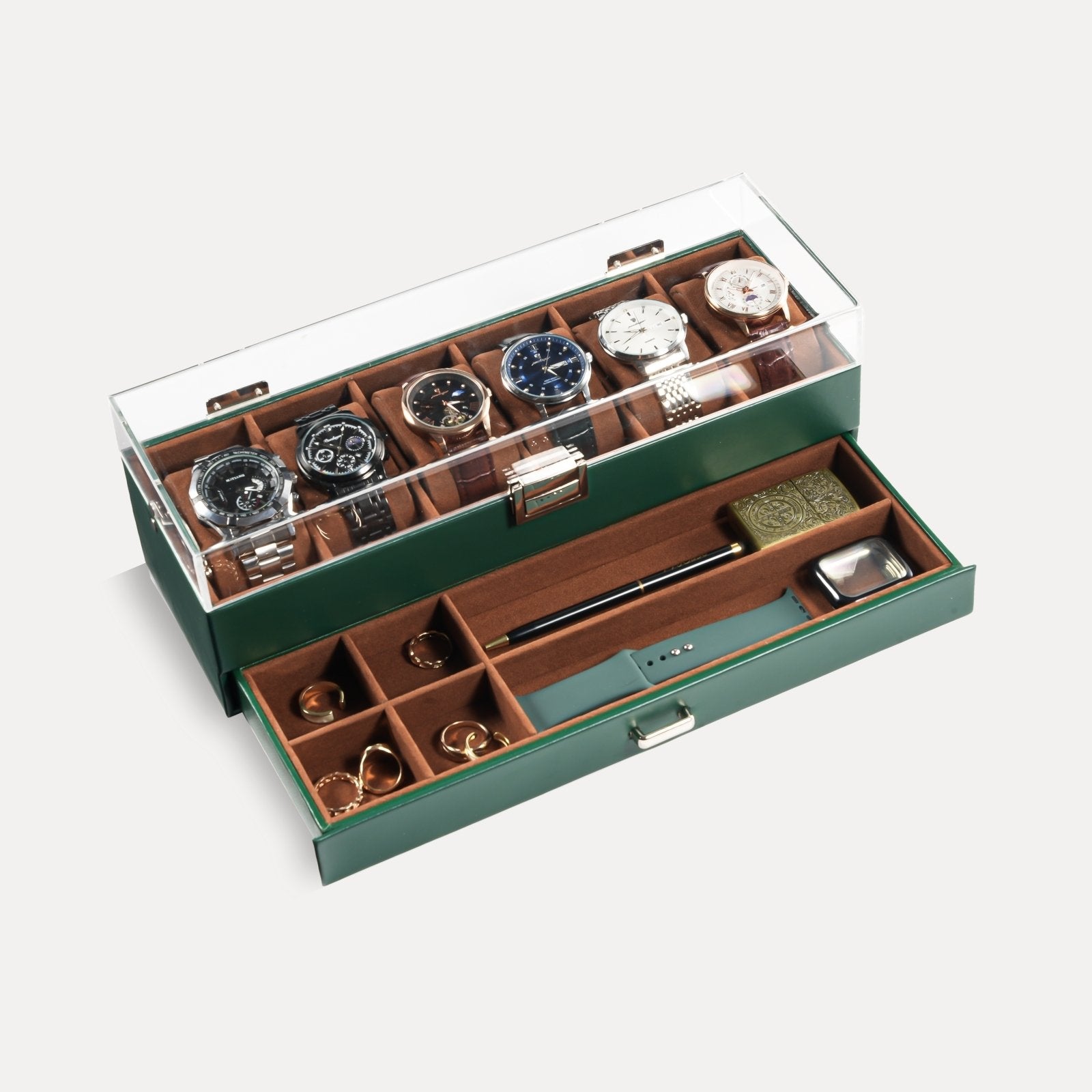 2-Layer 6 Slot Watch Display Case With Clear Acrylic Lid & Drawer