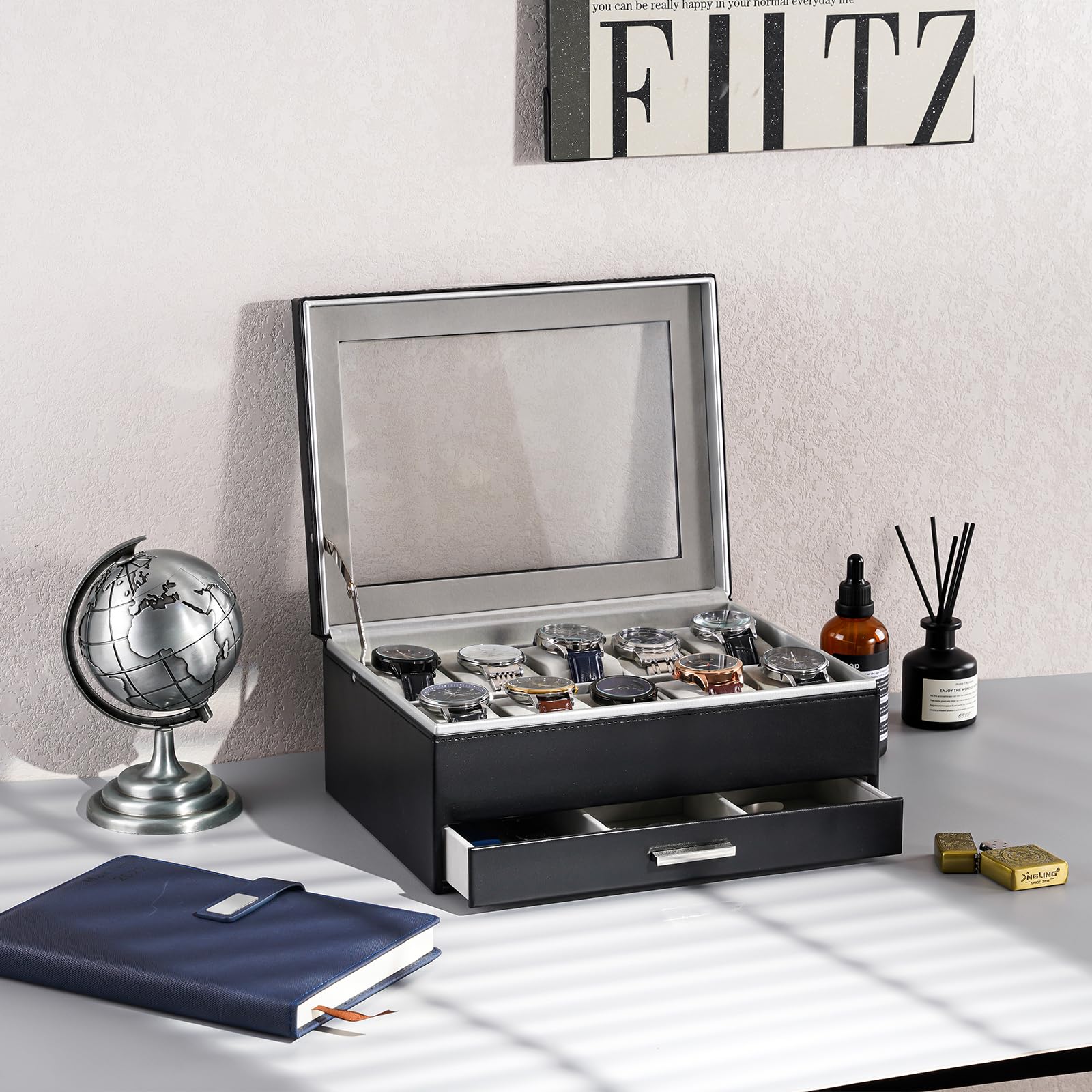 10 Slot Watch Display Case with Drawer