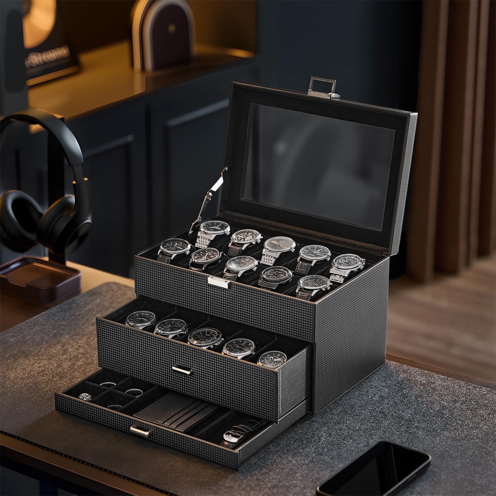 3-Layer Multi-Function Watch Display Case with Glass Lid (20 Slots)