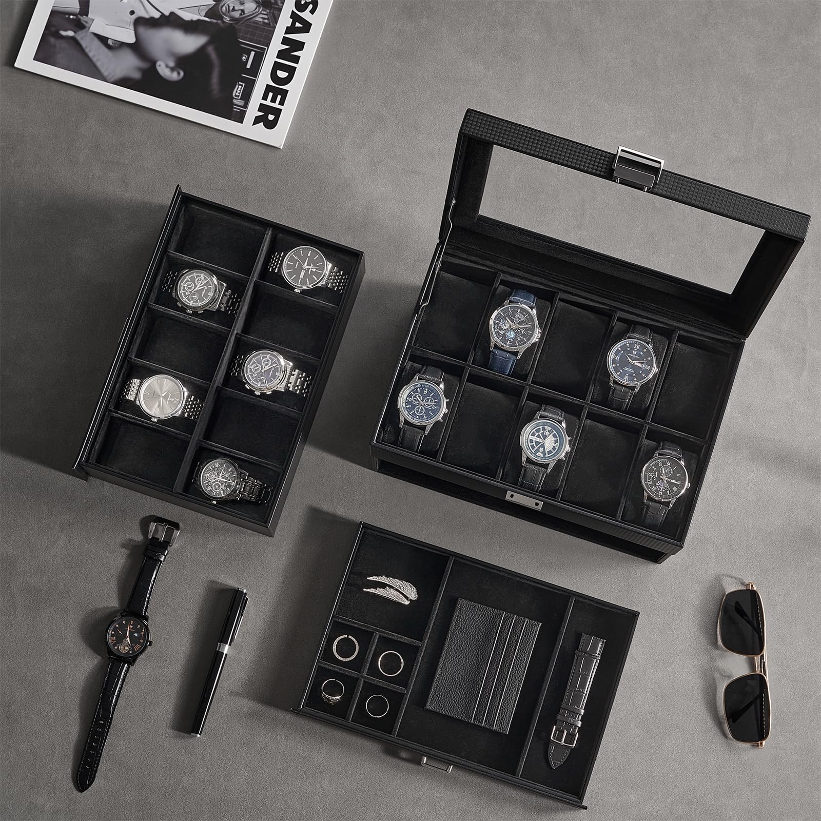 3-Layer Multi-Function Watch Display Case with Glass Lid (20 Slots)