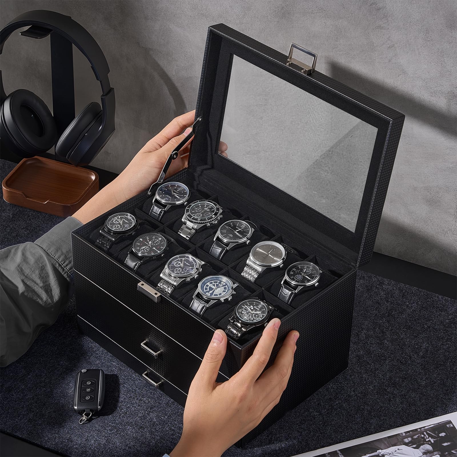 3-Layer Multi-Function Watch Display Case with Glass Lid (20 Slots)