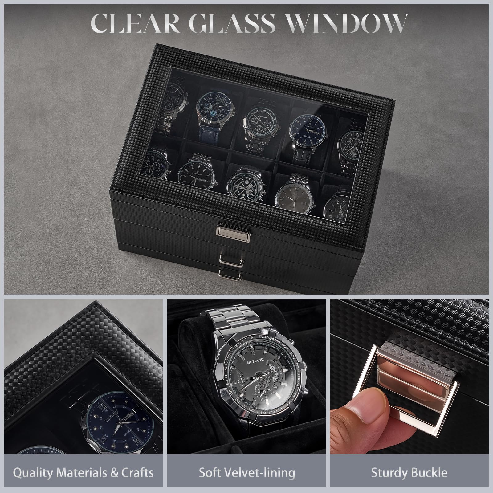 3-Layer Multi-Function Watch Display Case with Glass Lid (20 Slots)