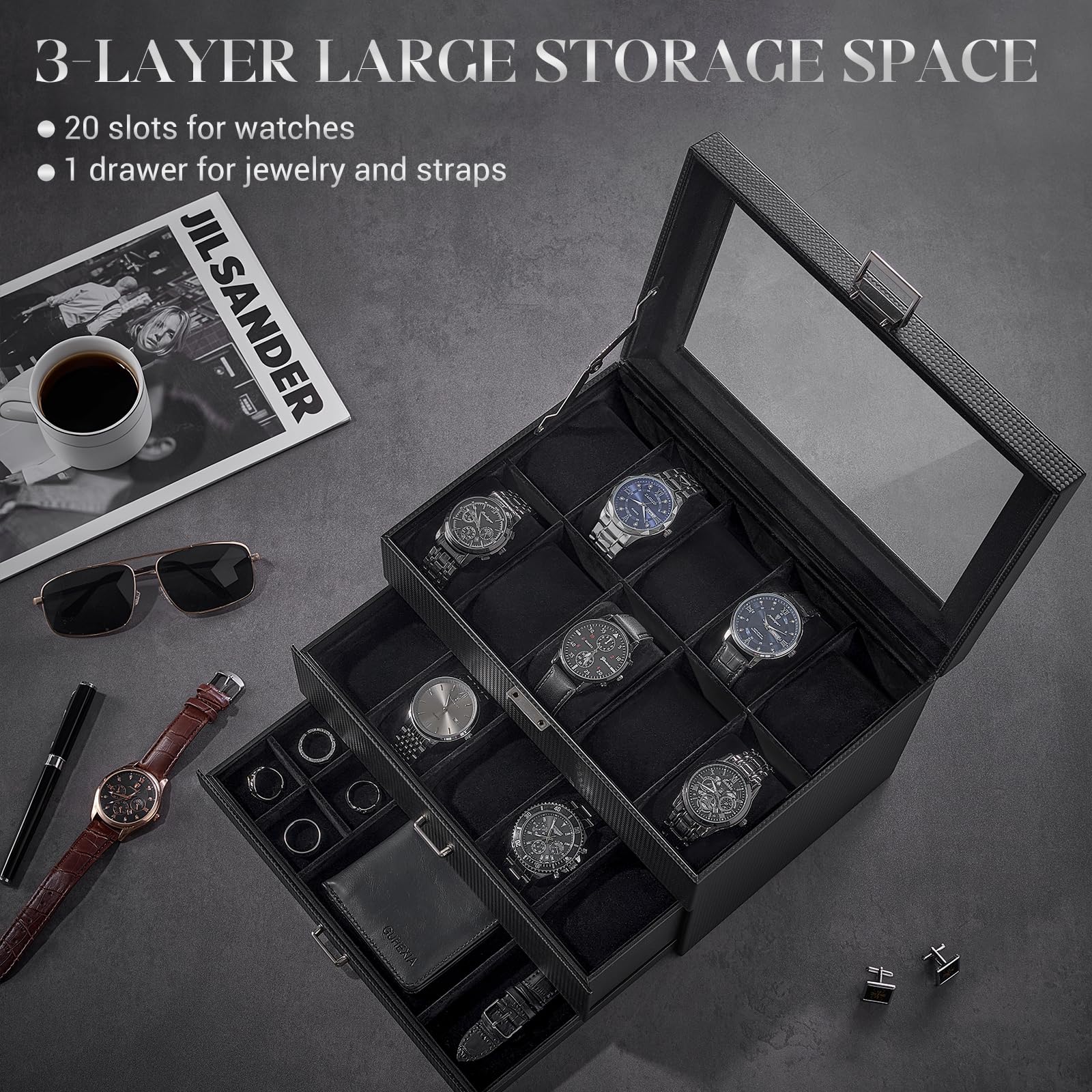 3-Layer Multi-Function Watch Display Case with Glass Lid (20 Slots)
