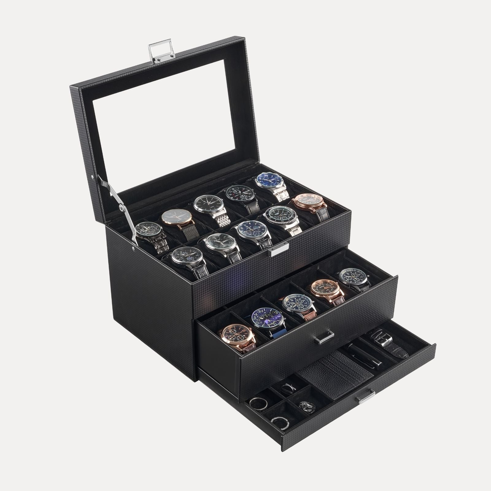 3-Layer Multi-Function Watch Display Case with Glass Lid (20 Slots)