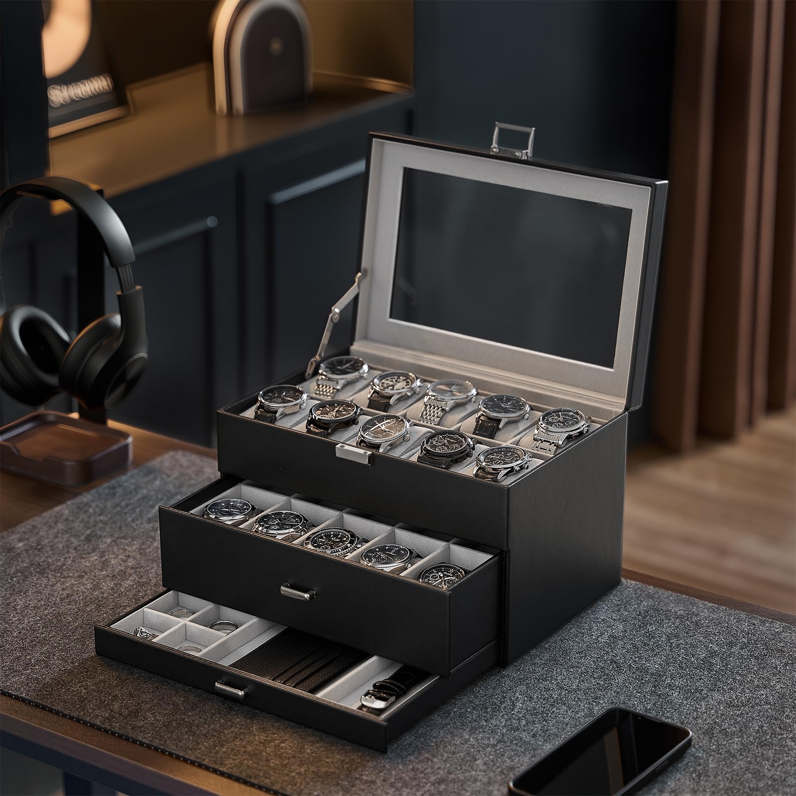 3-Layer Multi-Function Watch Display Case with Glass Lid (20 Slots)