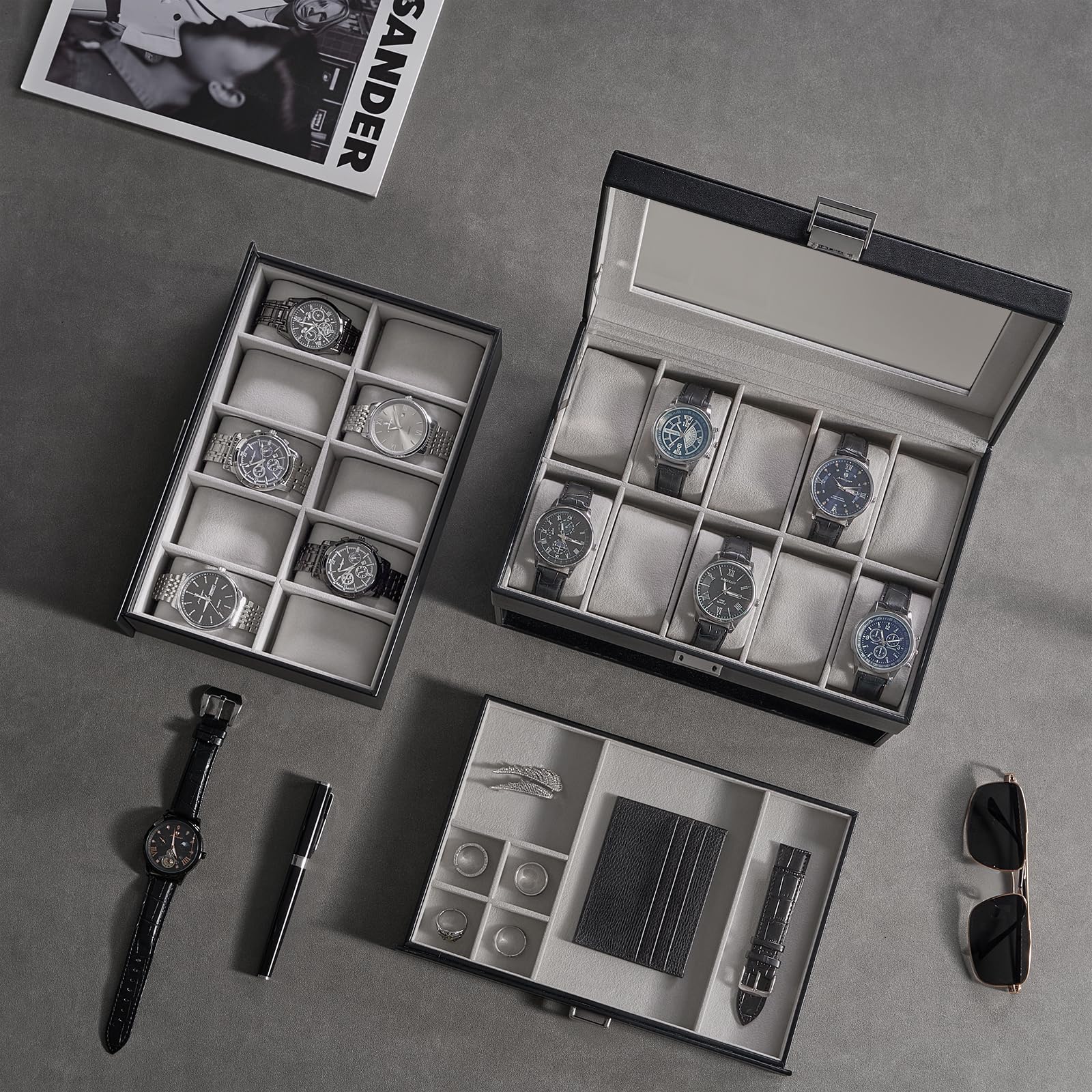 3-Layer Multi-Function Watch Display Case with Glass Lid (20 Slots)