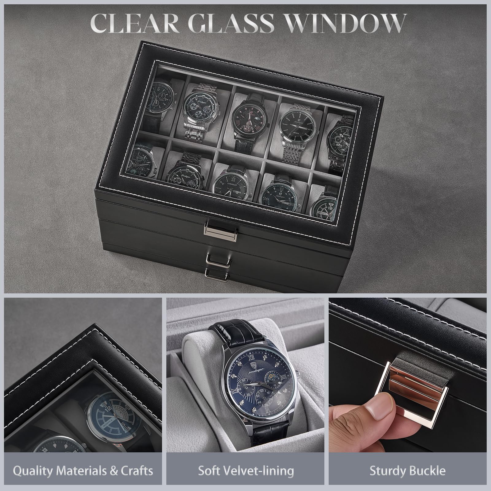 3-Layer Multi-Function Watch Display Case with Glass Lid (20 Slots)