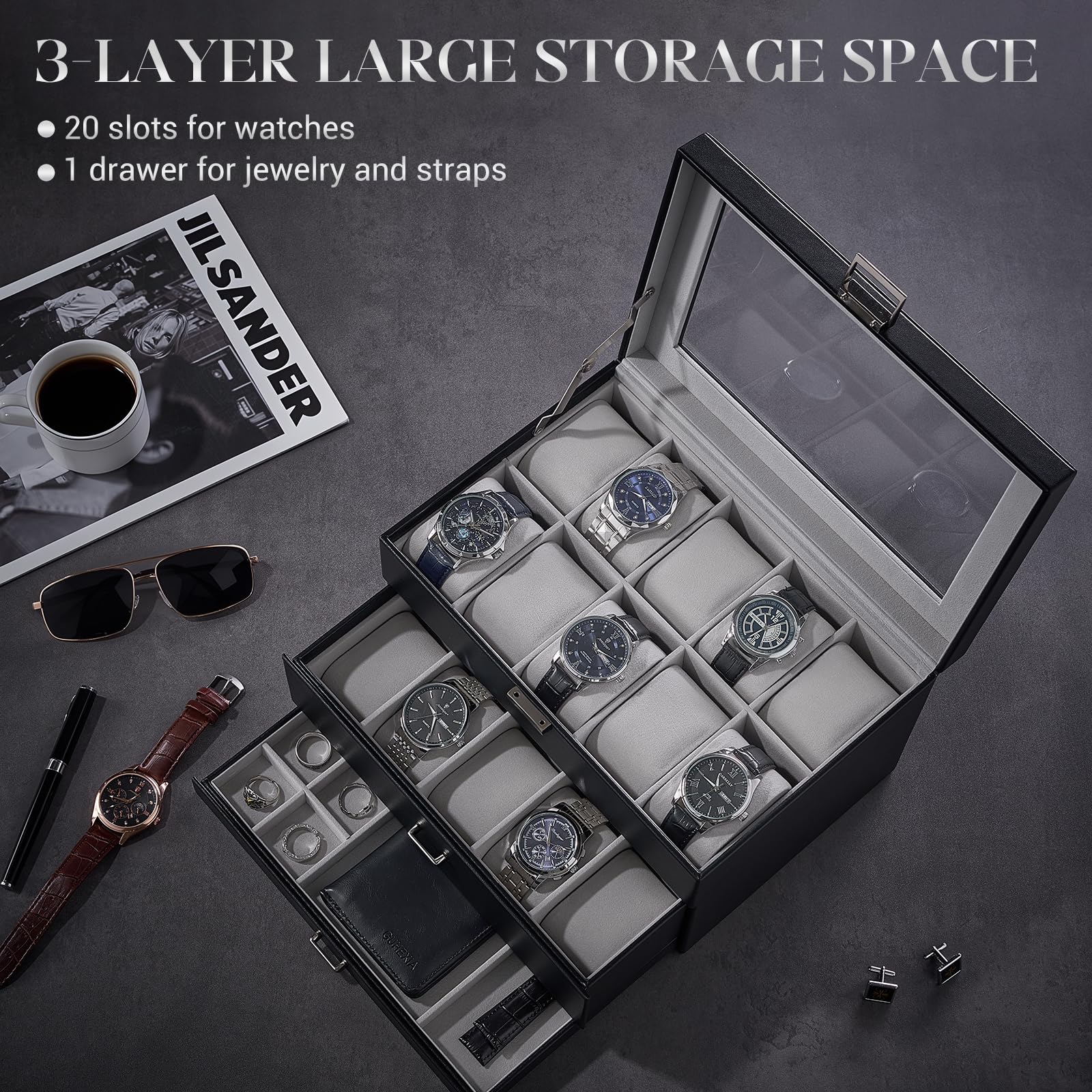 3-Layer Multi-Function Watch Display Case with Glass Lid (20 Slots)