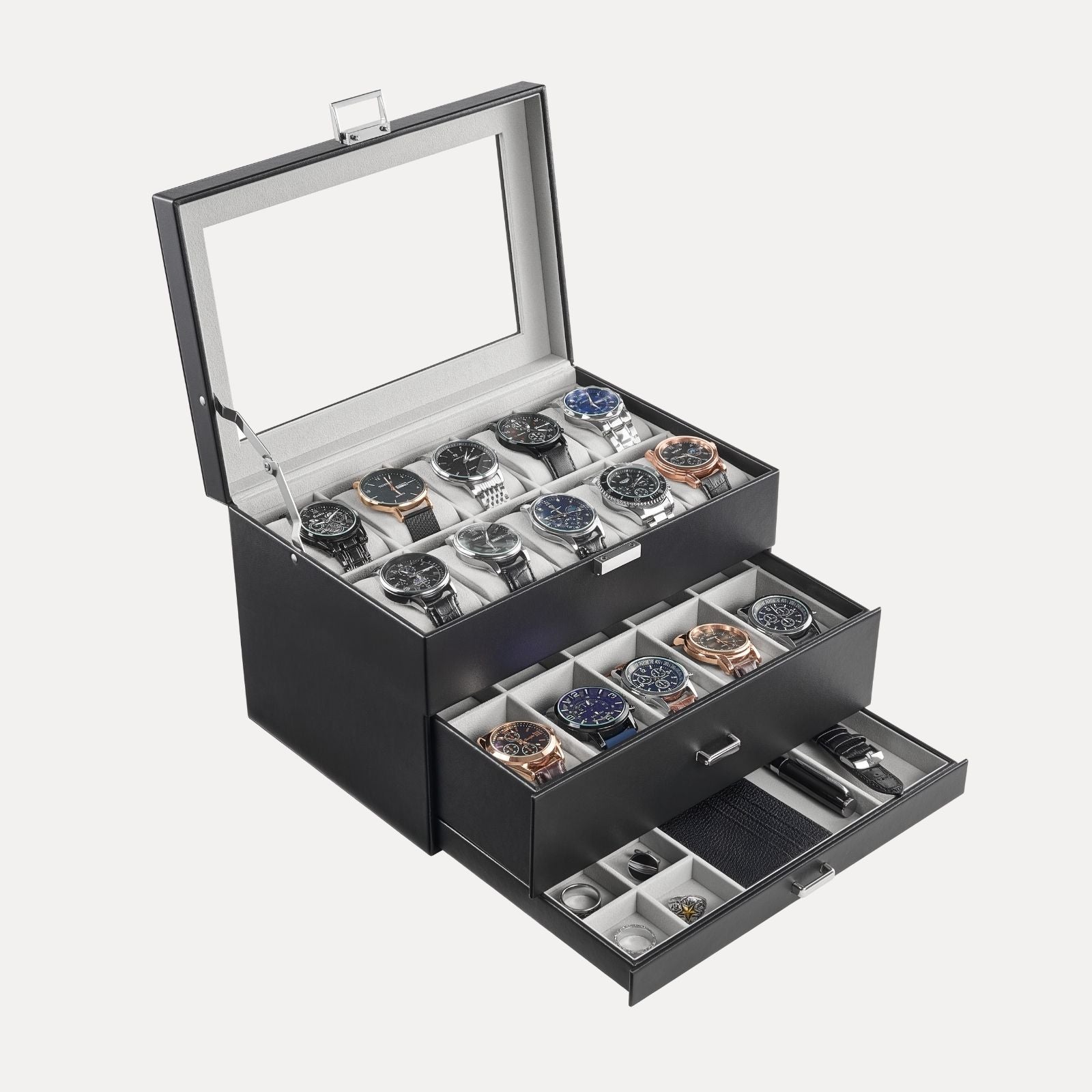 3-Layer Multi-Function Watch Display Case with Glass Lid (20 Slots)