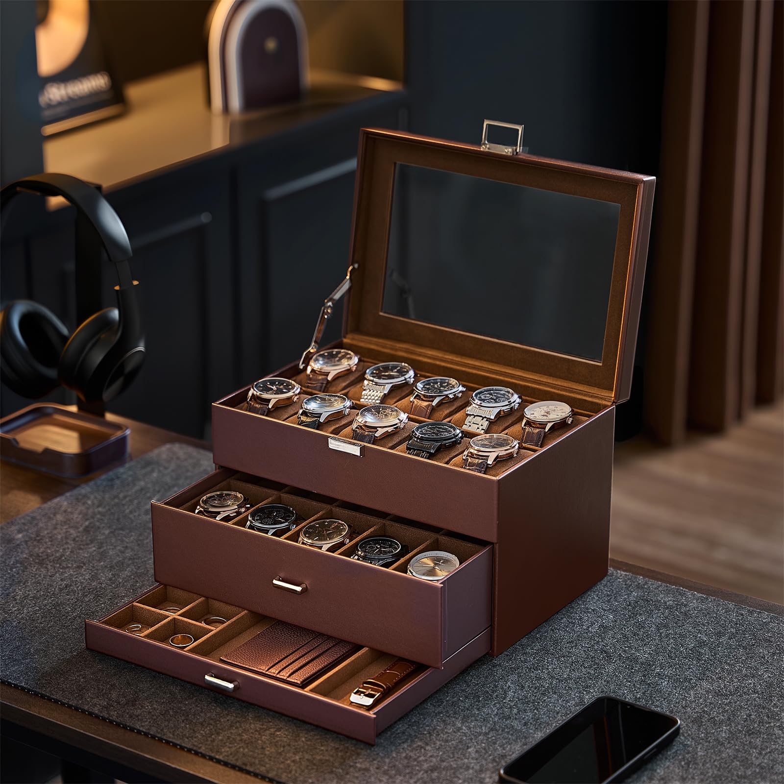 3-Layer Multi-Function Watch Display Case with Glass Lid (20 Slots)