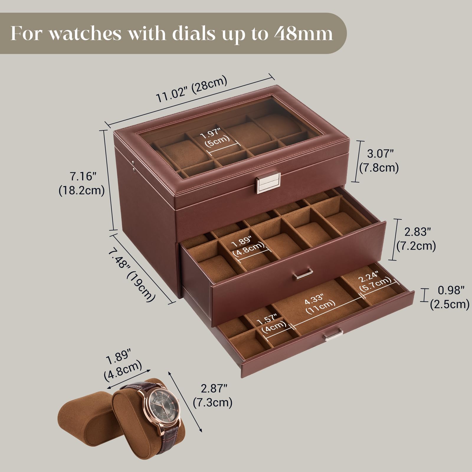3-Layer Multi-Function Watch Display Case with Glass Lid (20 Slots)