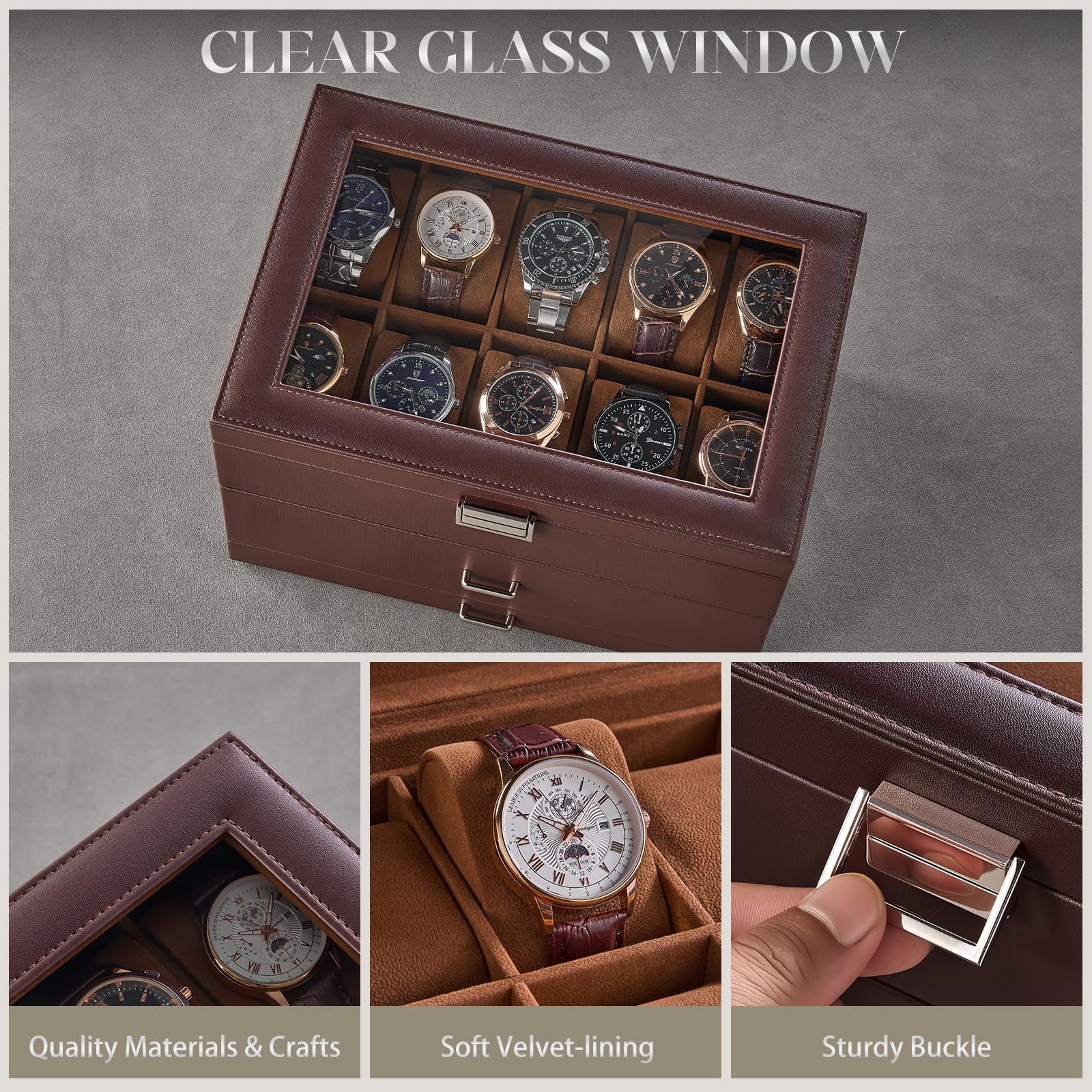 3-Layer Multi-Function Watch Display Case with Glass Lid (20 Slots)