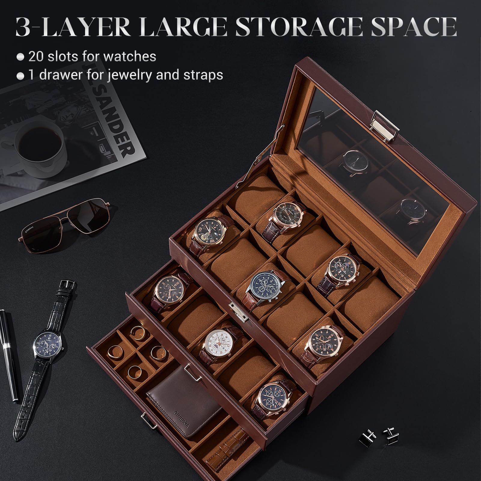 3-Layer Multi-Function Watch Display Case with Glass Lid (20 Slots)